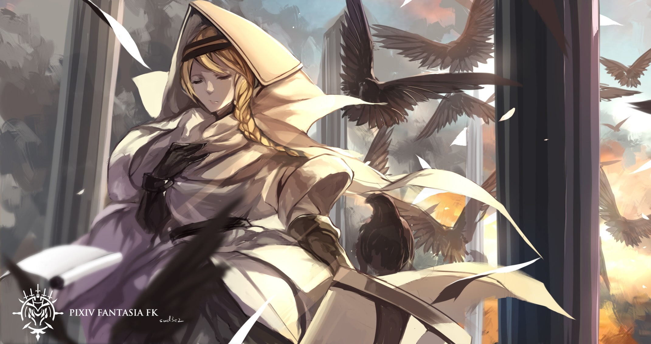 closed eyes, birds, anime girls, braids, Pixiv Fantasia, 1080P, Gararisu no Junrei-sha Mira, swd3e2, blonde, HD Wallpaper