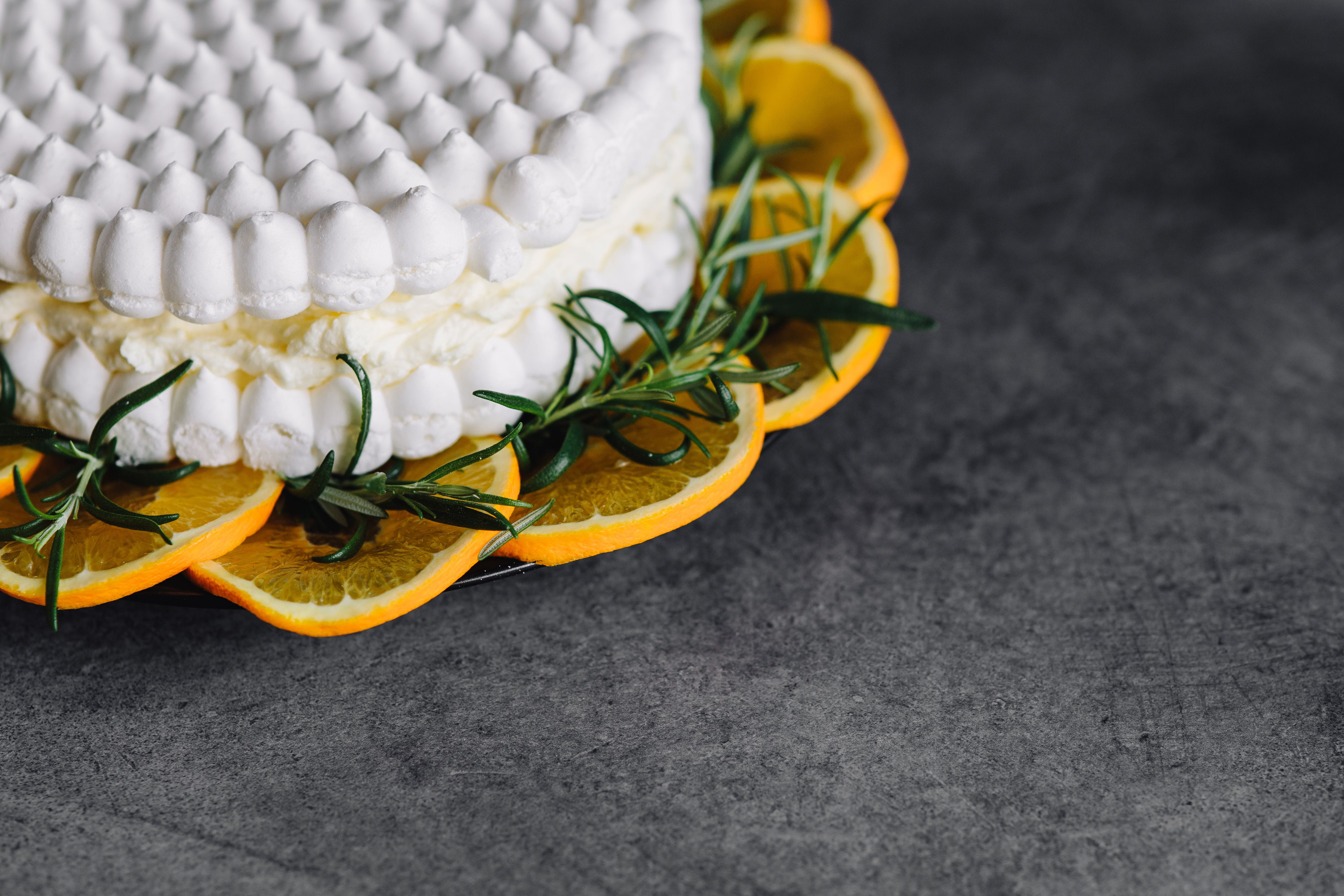 sweet Food, cream, table, Meringue, pavlova, rosemary, yellow, raw food, 5K, food, pie, food and drink, healthy eating, white color, freshness, copy space, HD Wallpaper