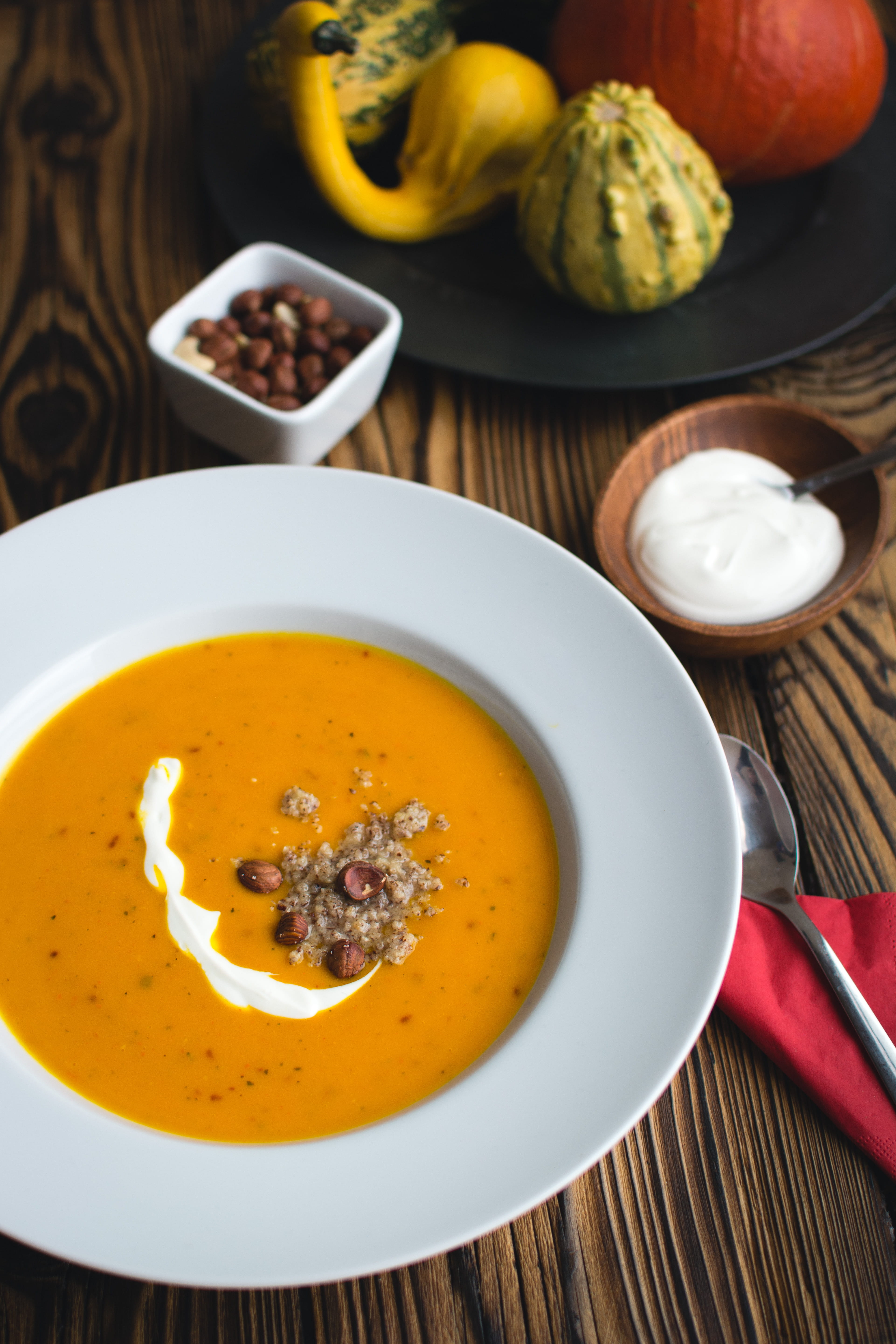 lunch, still life, freshness, food, autumn, pumpkin, spoon, garnish, butternut Squash, wood, soup bowl, thanksgiving, 5K, meal, pumpkin Soup, indoors, Phone HD Wallpaper