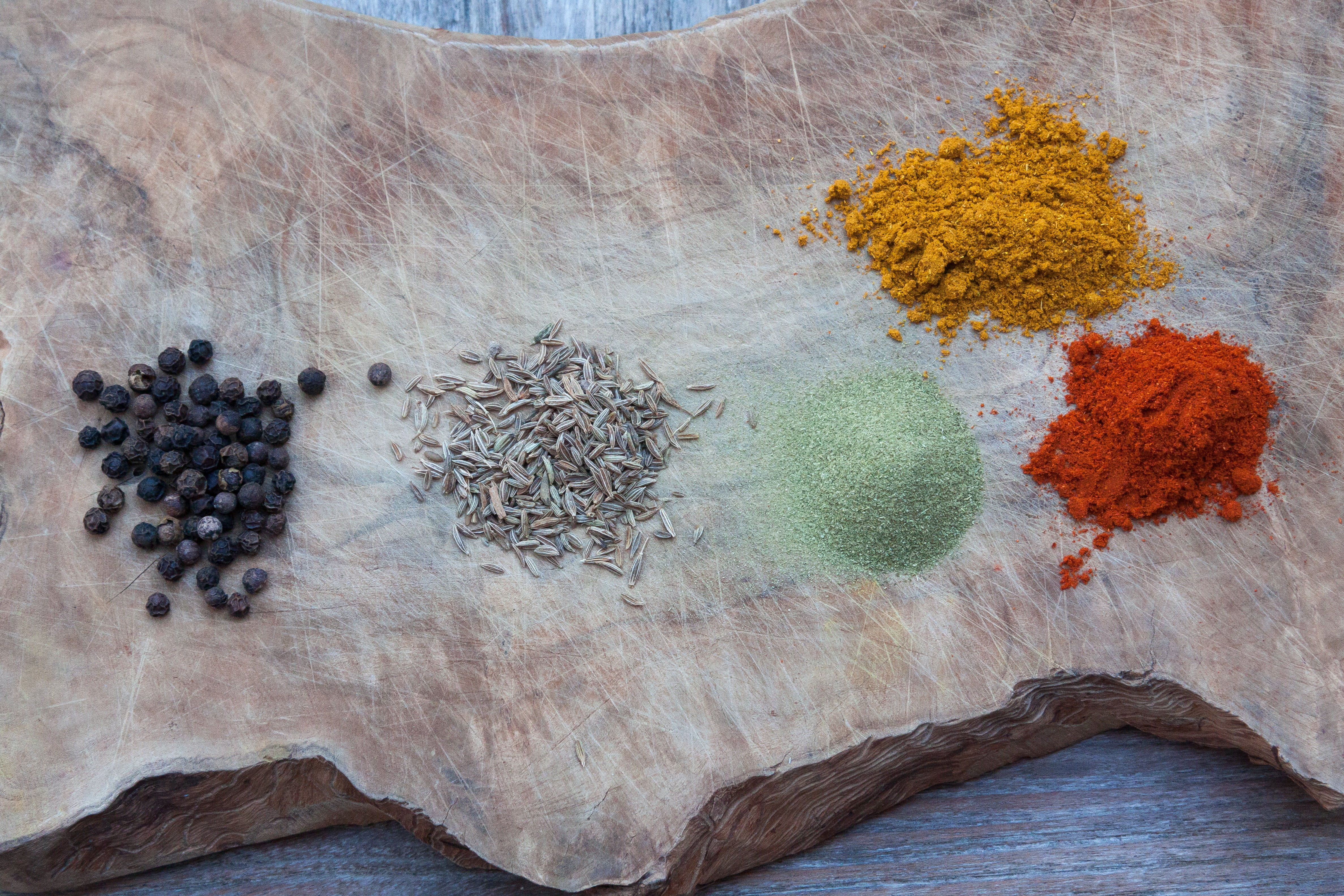 pepper, nature, still life, assorted, ground - culinary, indoors, five, high angle view, 4K, healthy eating, eat, cutting board, indian food, organic, HD Wallpaper