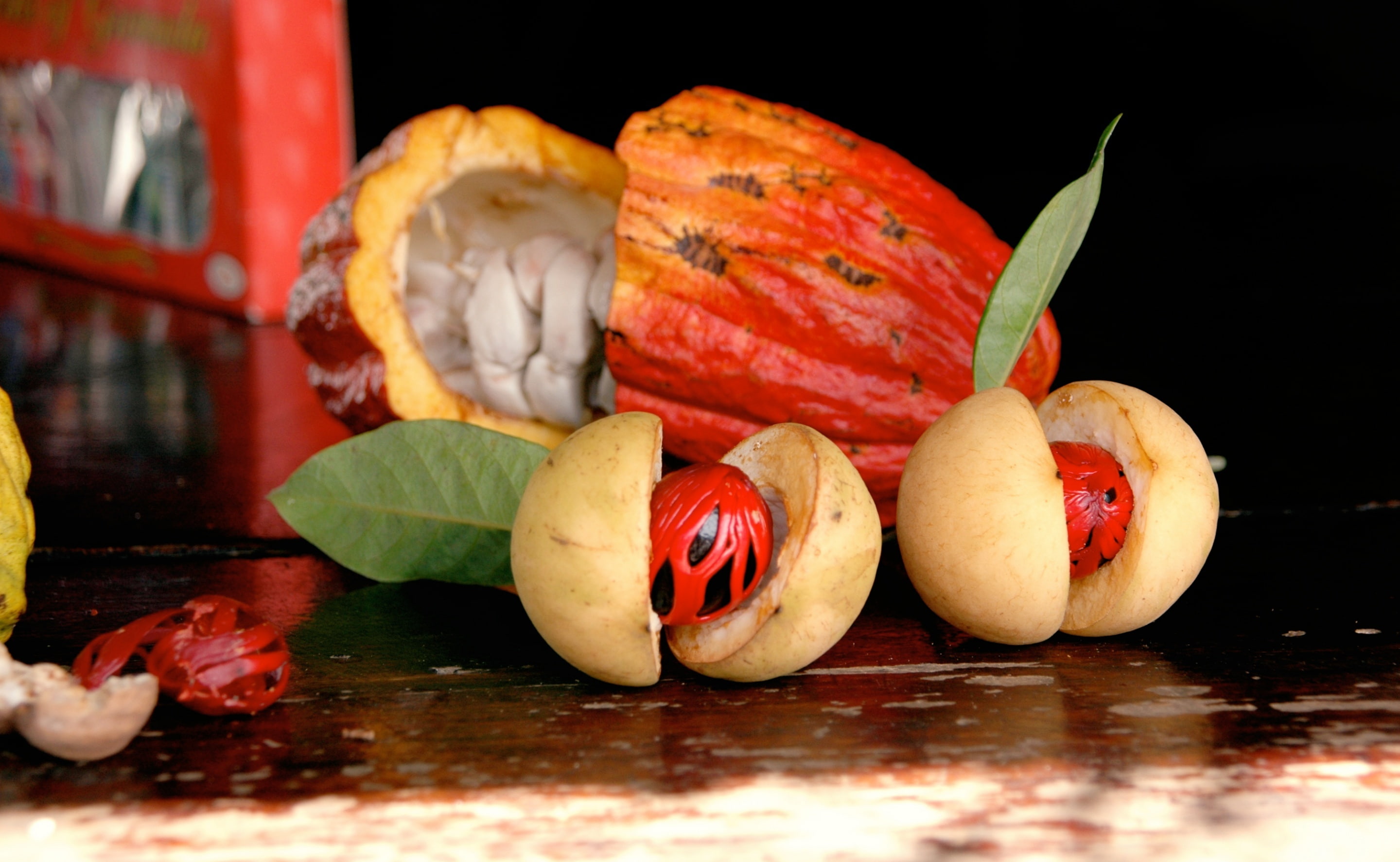 wellbeing, table, cacao, fruit, food, healthy eating, leaves, wood - material, no people, nutmegs, plant part, red, leaf, indoors, close-up, nature, reflection, HD Wallpaper