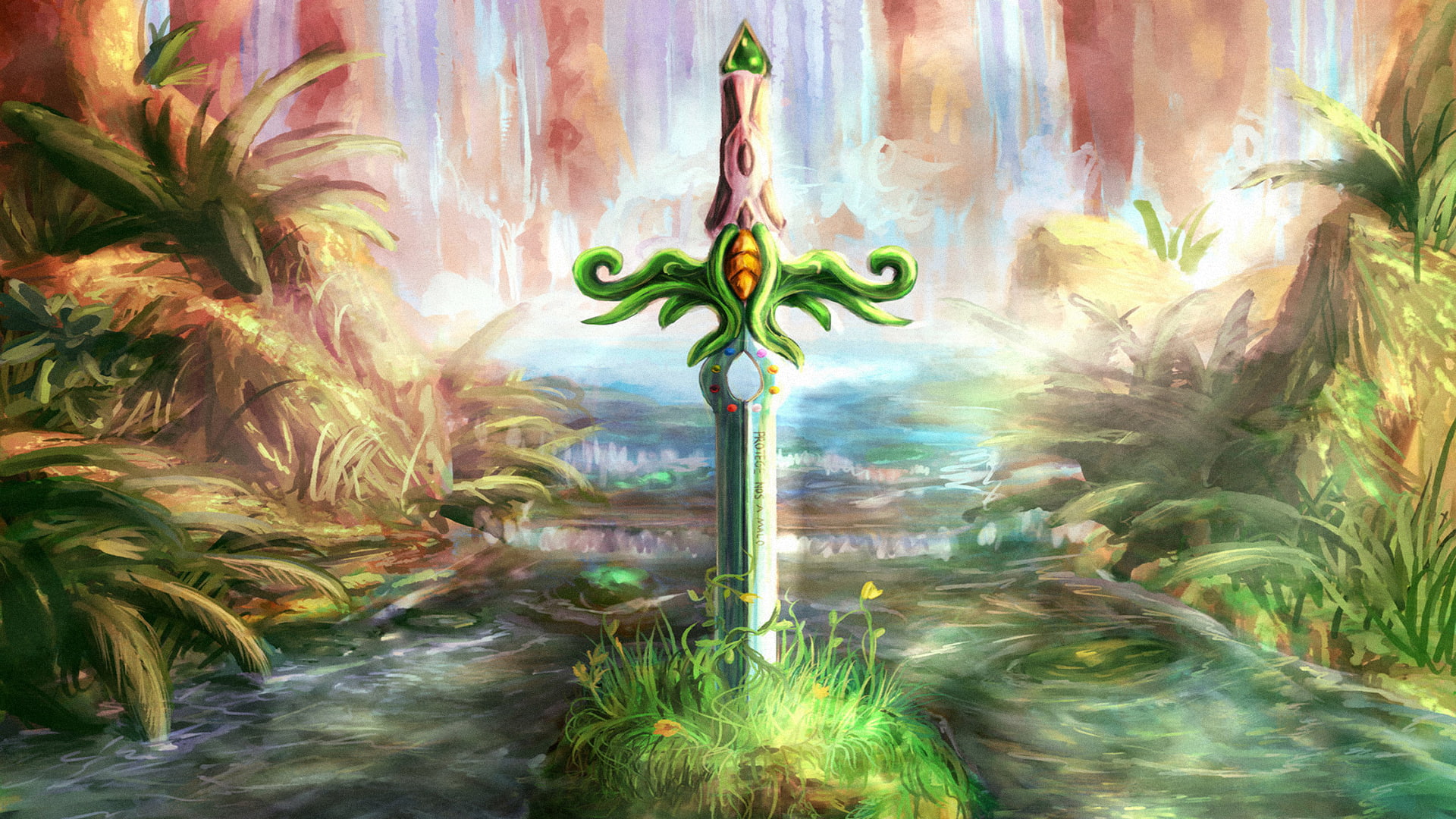 river, Secret of Mana, 1080P, video games, plants, grass, painting, sword, water, mountains, HD Wallpaper