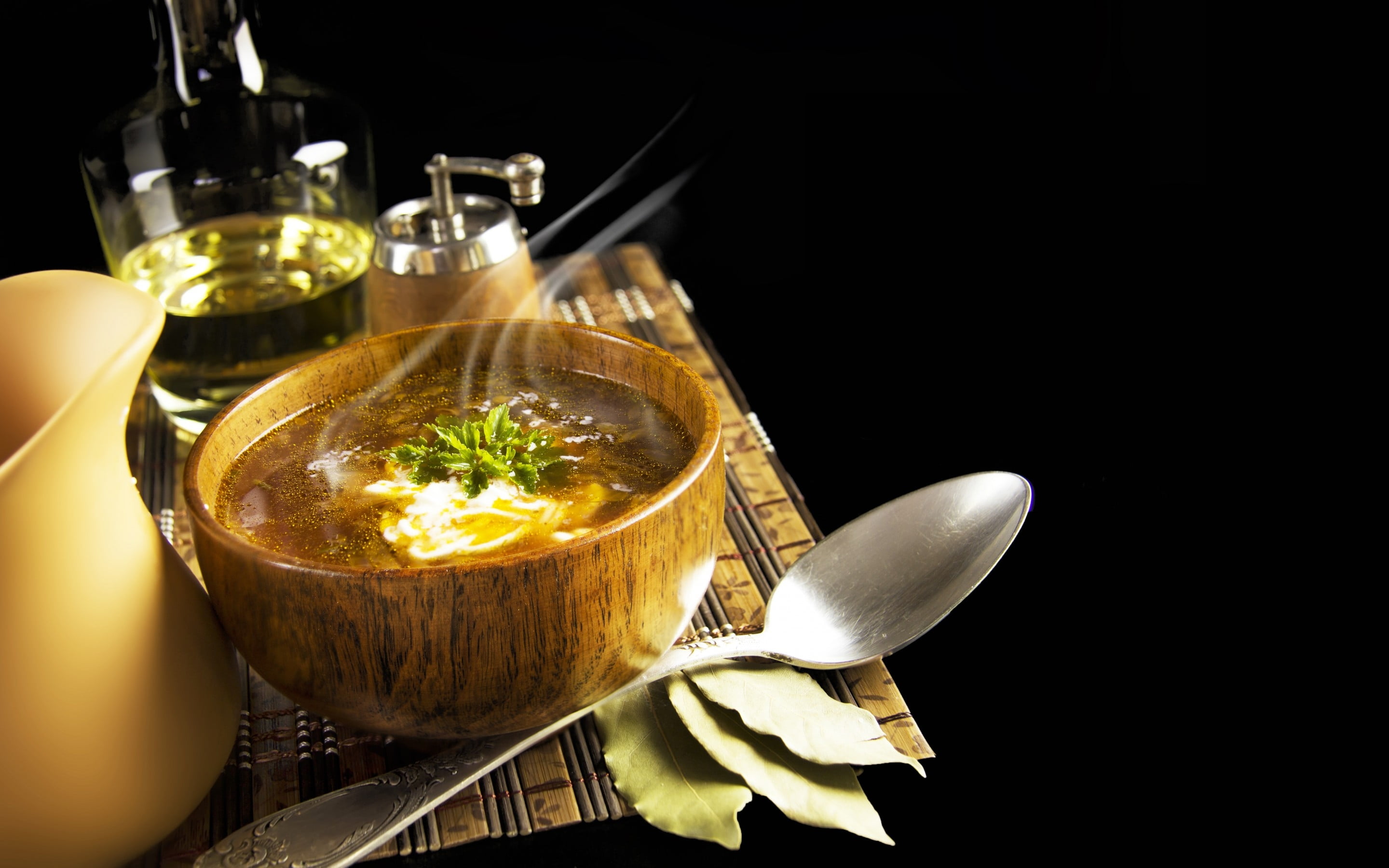 brown, lunch, herb, steam, still life, freshness, soup bowl, backgrounds, food, black background, no People, food And Drink, bay leaf, gourmet, cultures, HD Wallpaper