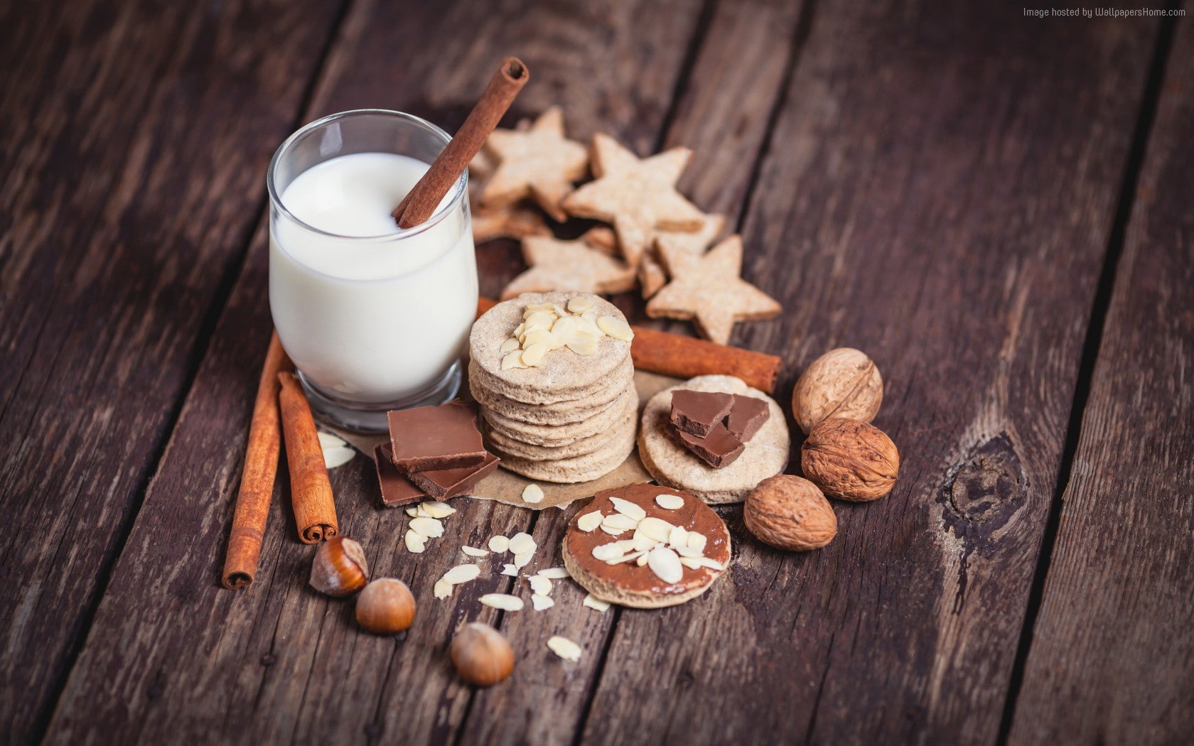 cinnamon, hazelnuts, cookie, drinks, chocolate, milk, walnuts, spices, almonds, baking, nuts, figurines, 720P, HD Wallpaper