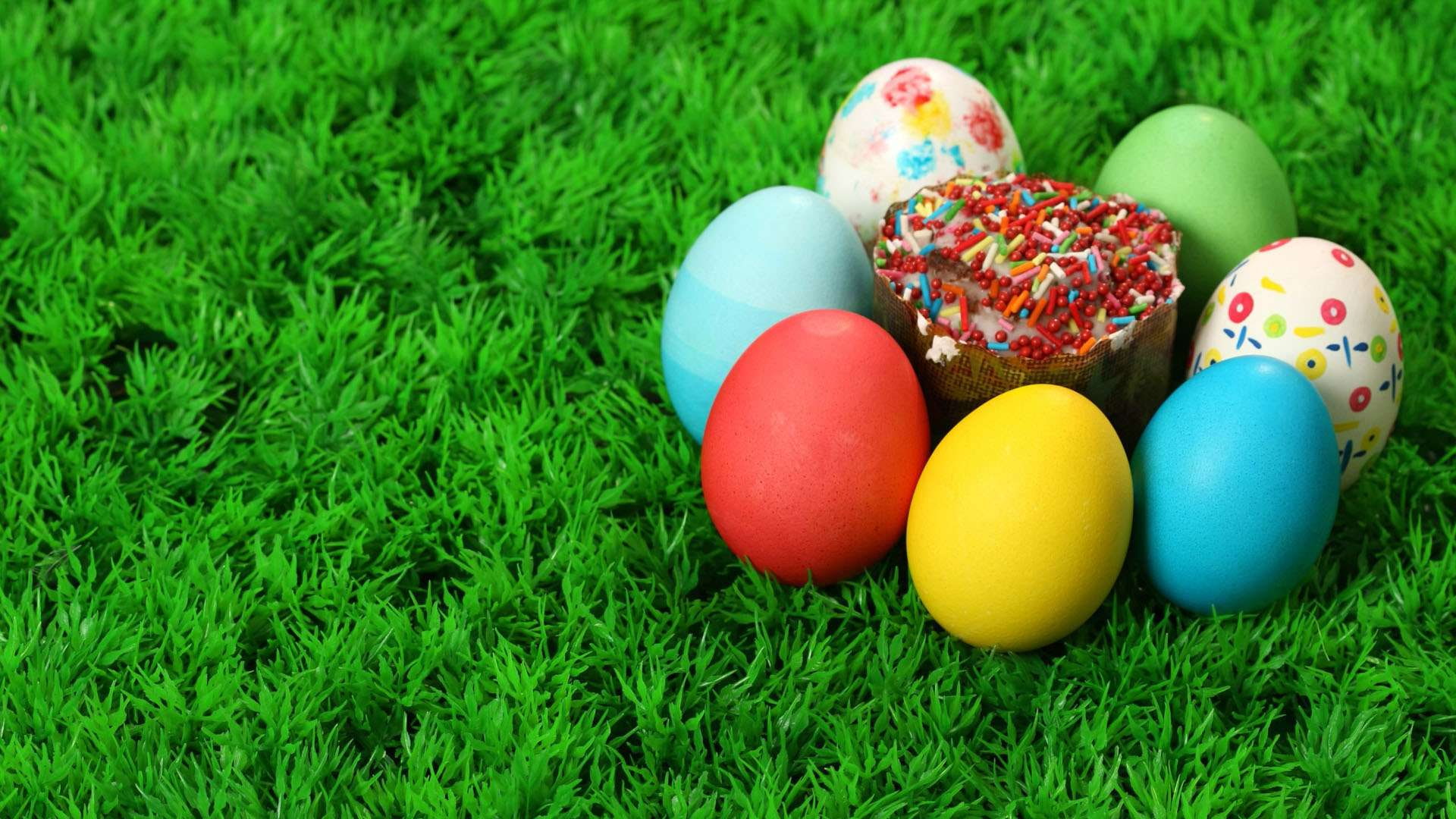 eggs, hd, 1080P, painted, sprinkled, sprinkles, grass, colorful, cupcake, HD Wallpaper