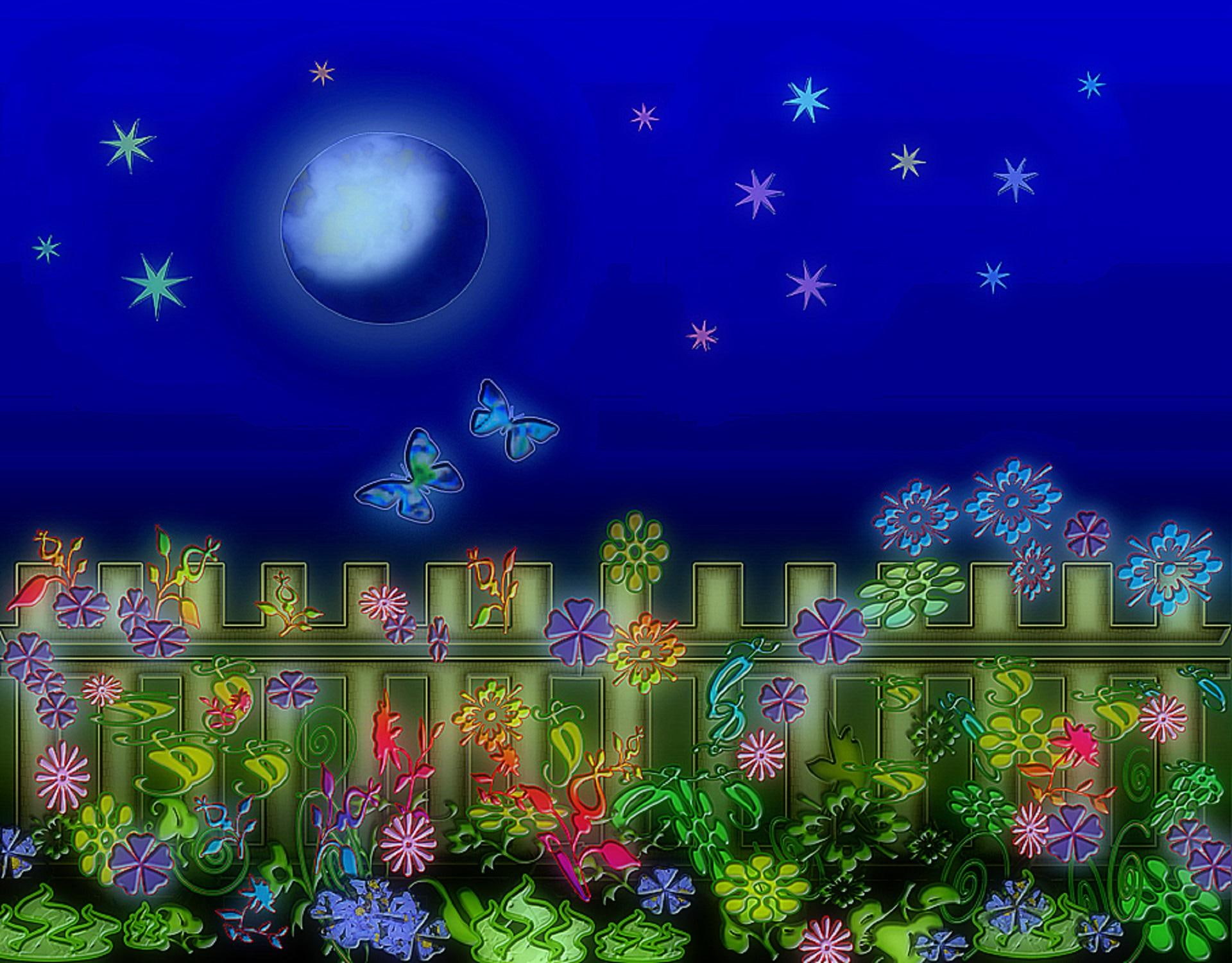 digital, moonlight, flowers, 1080P, softness-beauty, butterfly-designs, fence, adorable, plants, shining, colorful, creative-pre--made, colors, HD Wallpaper