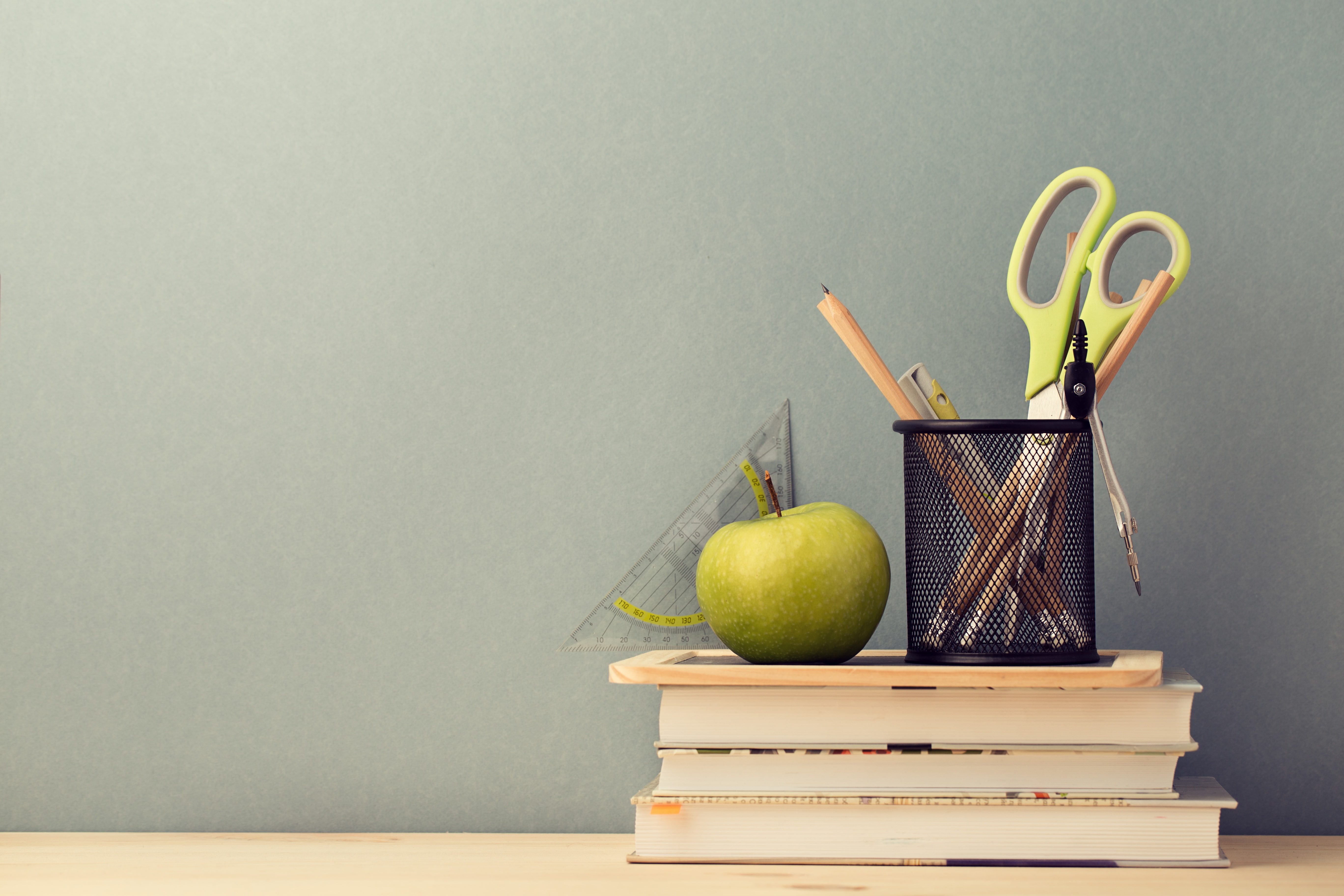 Apple, 5K, books, The office, pencil case, HD Wallpaper