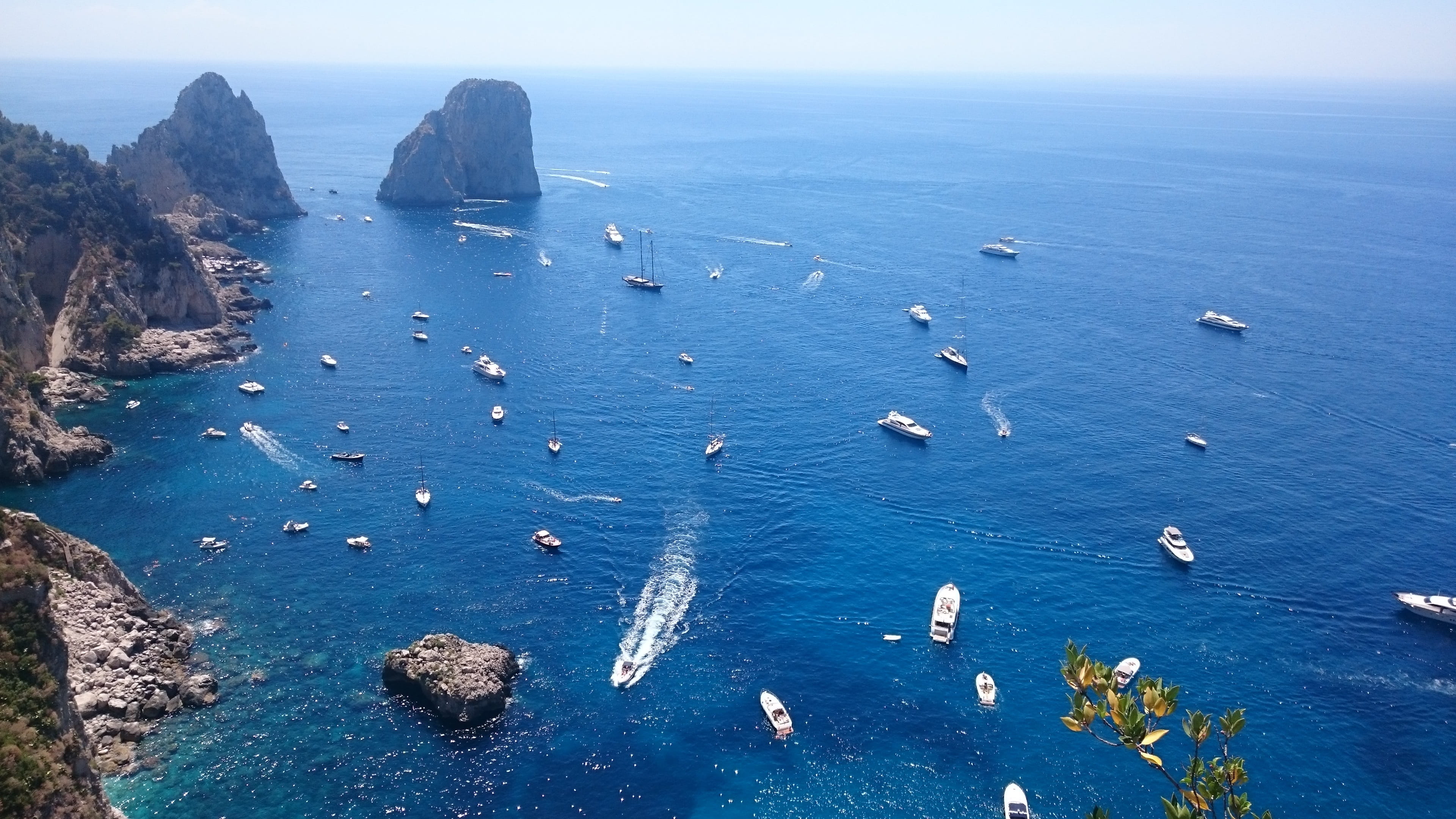 sea, cliff, no people, scenics, travel Destinations, rock - Object, horizon over water, travel, tranquil scene, white, Capri, blue, nautical vessel, stack rock, HD Wallpaper
