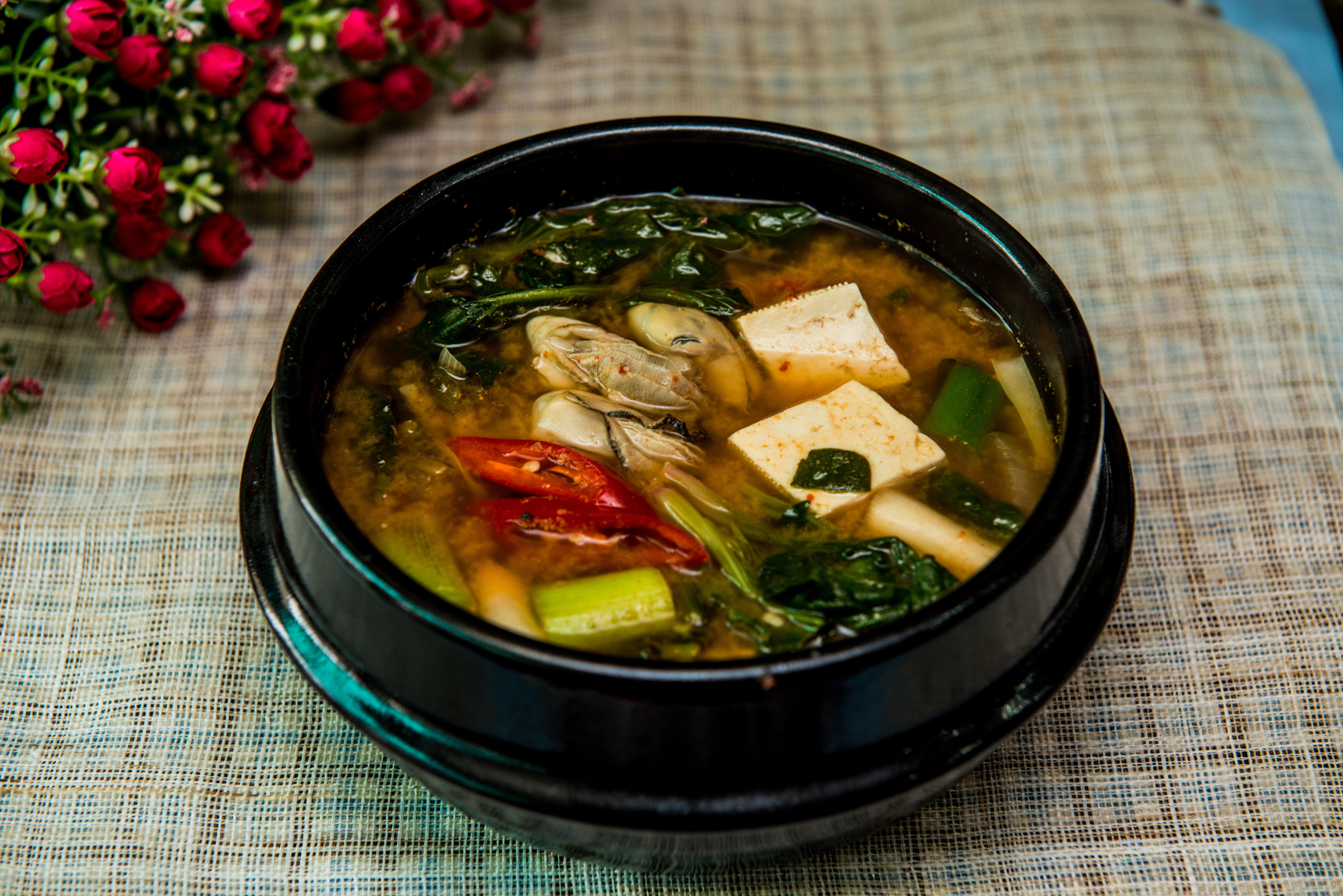 close-up, asian food, 5K, no people, korean food, black, japanese food, soup, food, bowl, tang, food and drink, tablecloth, served, table, stew, crockery, HD Wallpaper