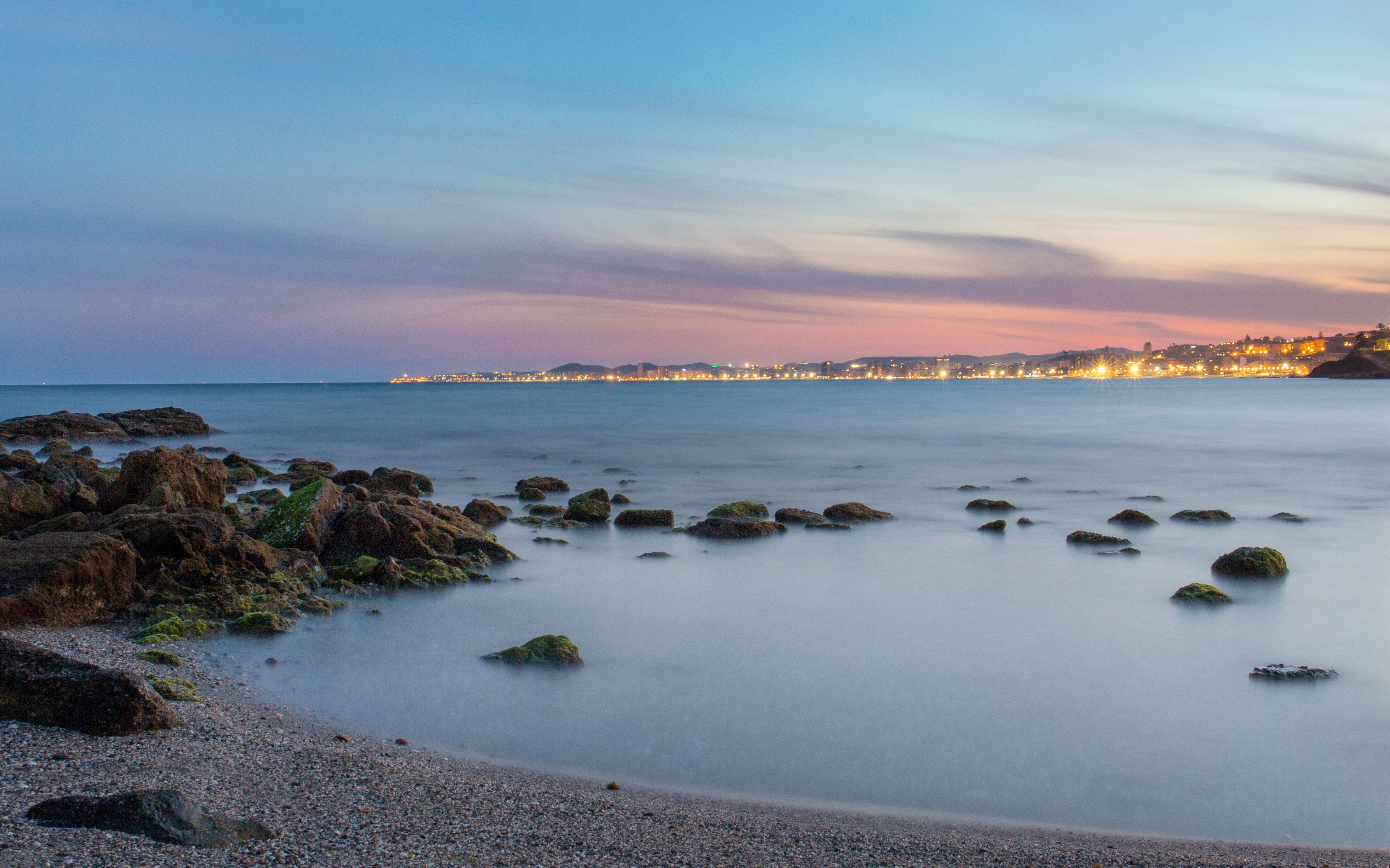 fuengirola, sunset, beside, coast, water, dusk, beach, holiday, scenics - nature, rock - object, horizon over water, no people, outdoors, sky, nature, mediterranean, HD Wallpaper