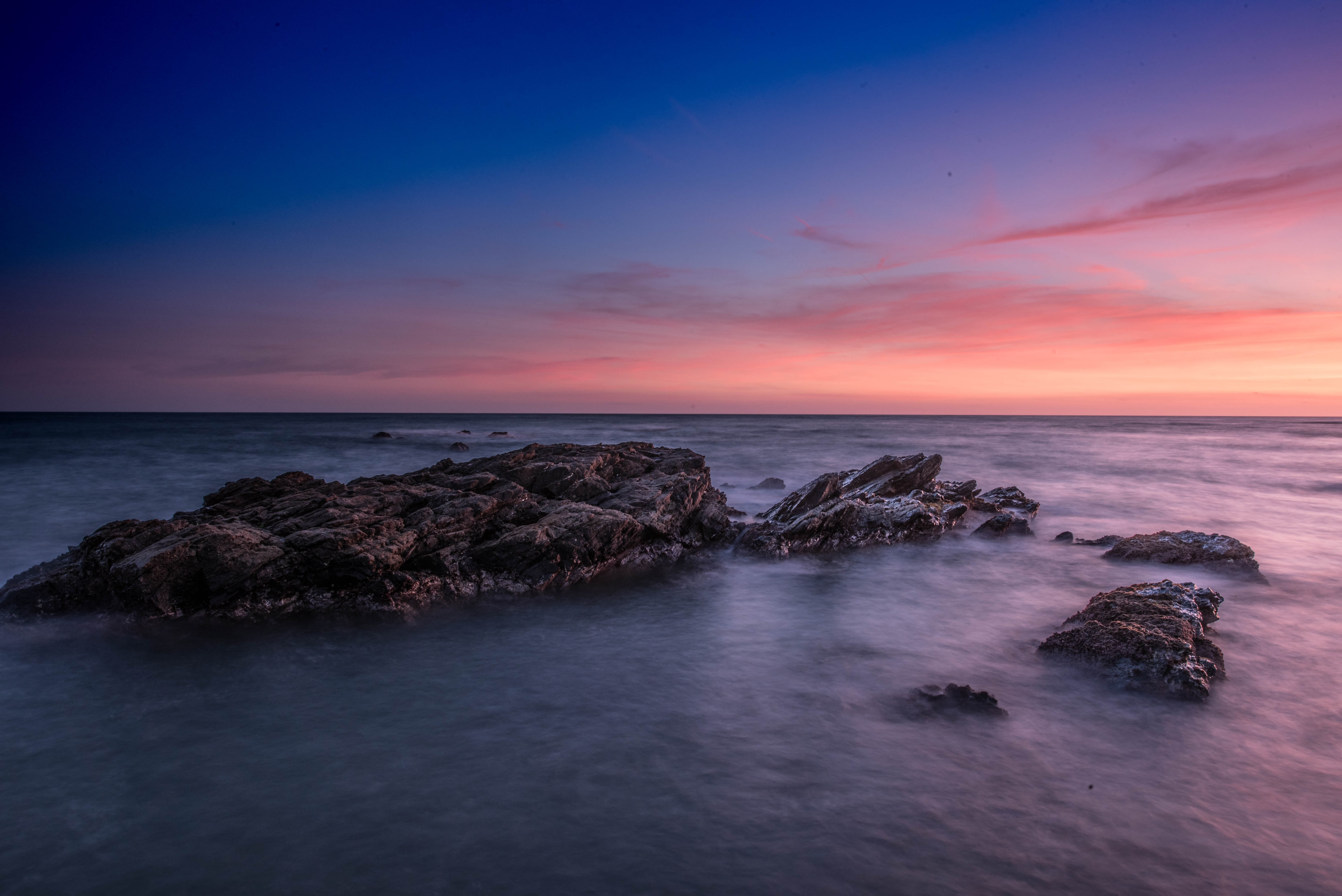 rocks, motion, malaga, horizon, hour, waves, landscape, horizon over water, long exposure, sea, highlights, mijas costa, cloud - sky, sun, beauty in nature, HD Wallpaper