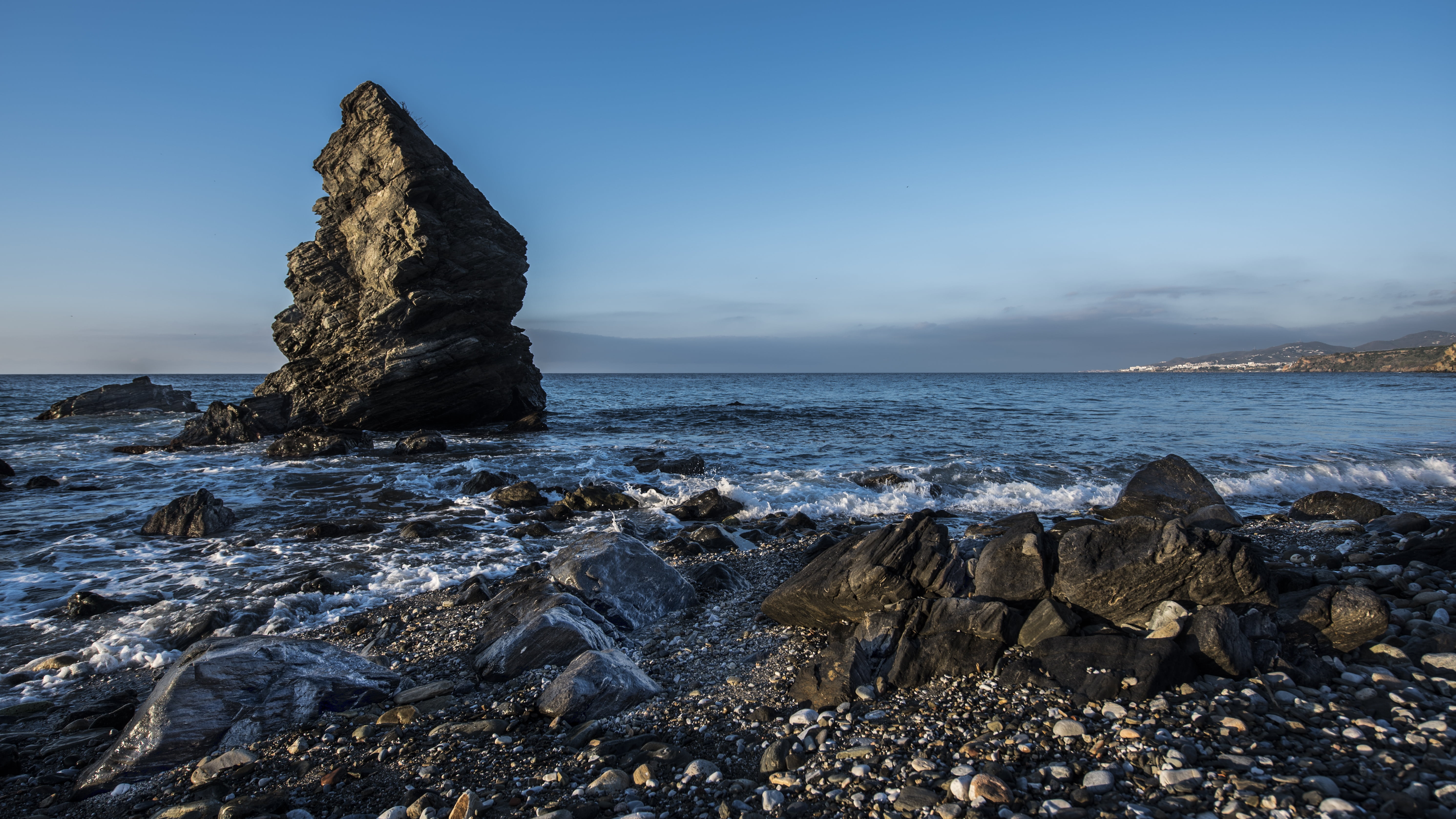 rocky coastline, motion, friar, wave, scenics, nerja, solid, outdoors, spain, rock formation, sea, land, tourism, horizon over water, coastline, andalusia, HD Wallpaper