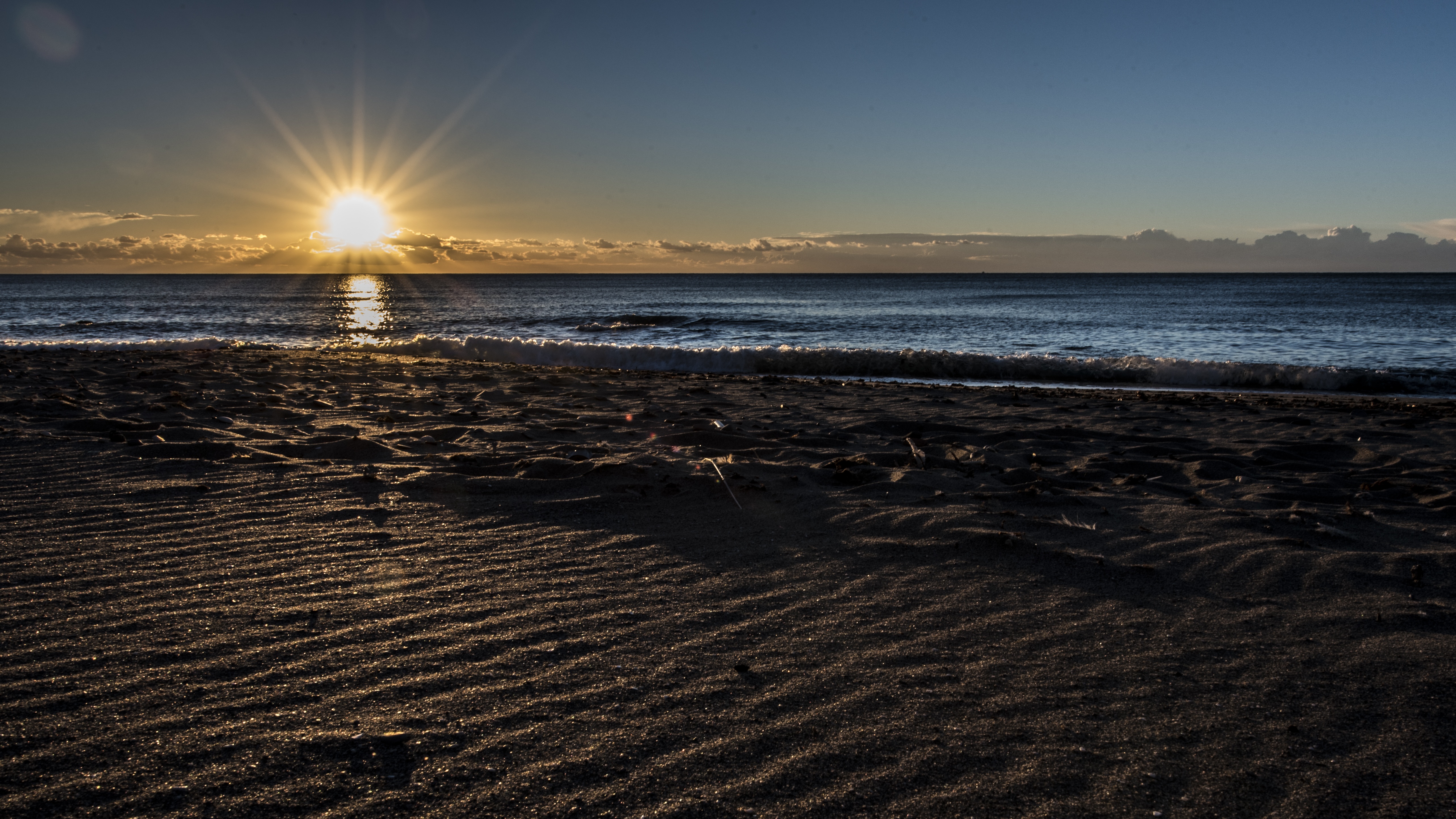 spain, waves, sun, sunbeam, sand, beach, sunset, idyllic, stillness, malaga, 5K, blue, tranquility, sky, land, horizon over water, sea, marina, sunlight, HD Wallpaper
