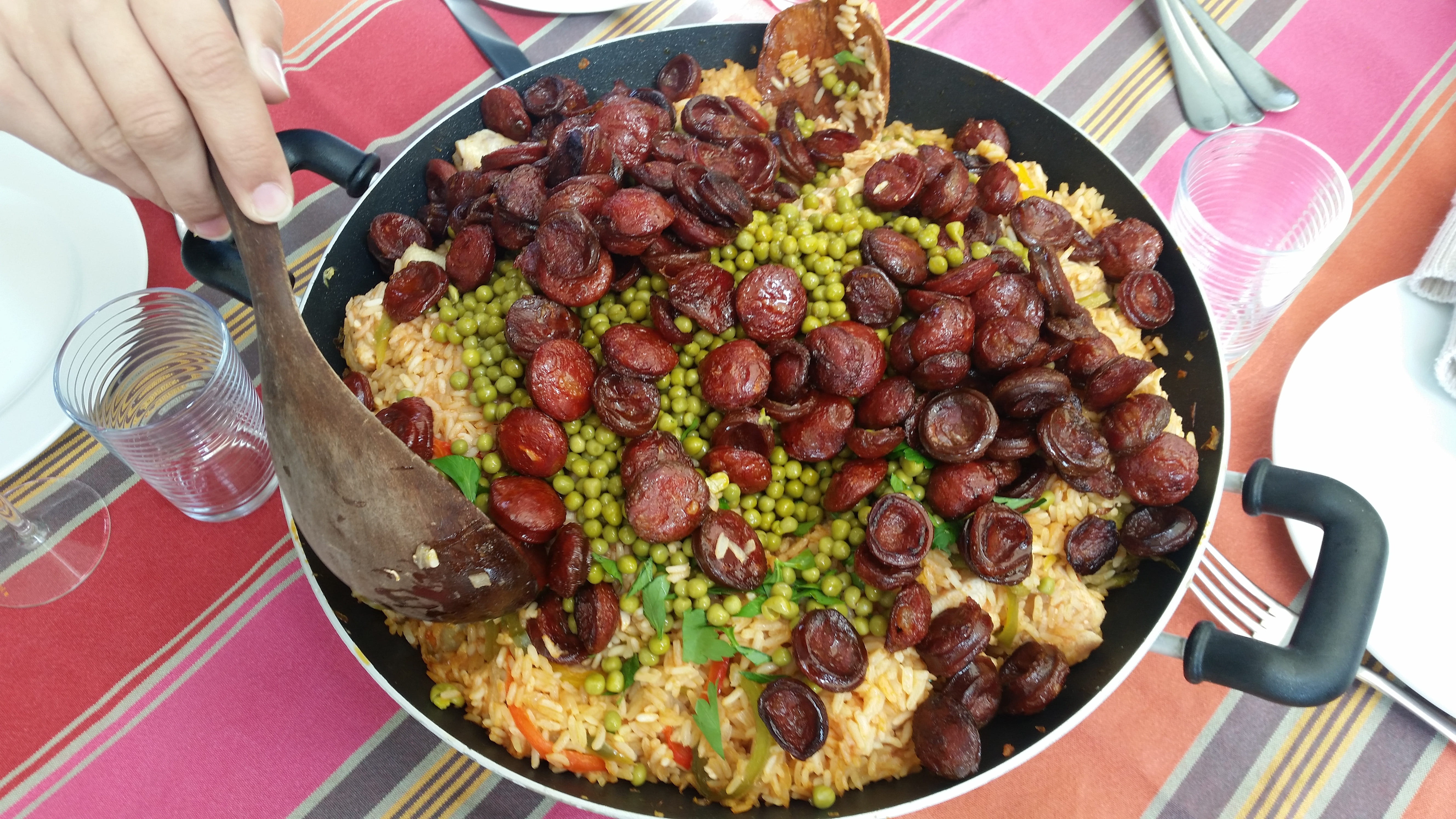indoors, food and drink, paella, fork, hand, meat, chorizo, ready-to-eat, food, kitchen utensil, eating utensil, delicious, human hand, chicken, high angle view, HD Wallpaper