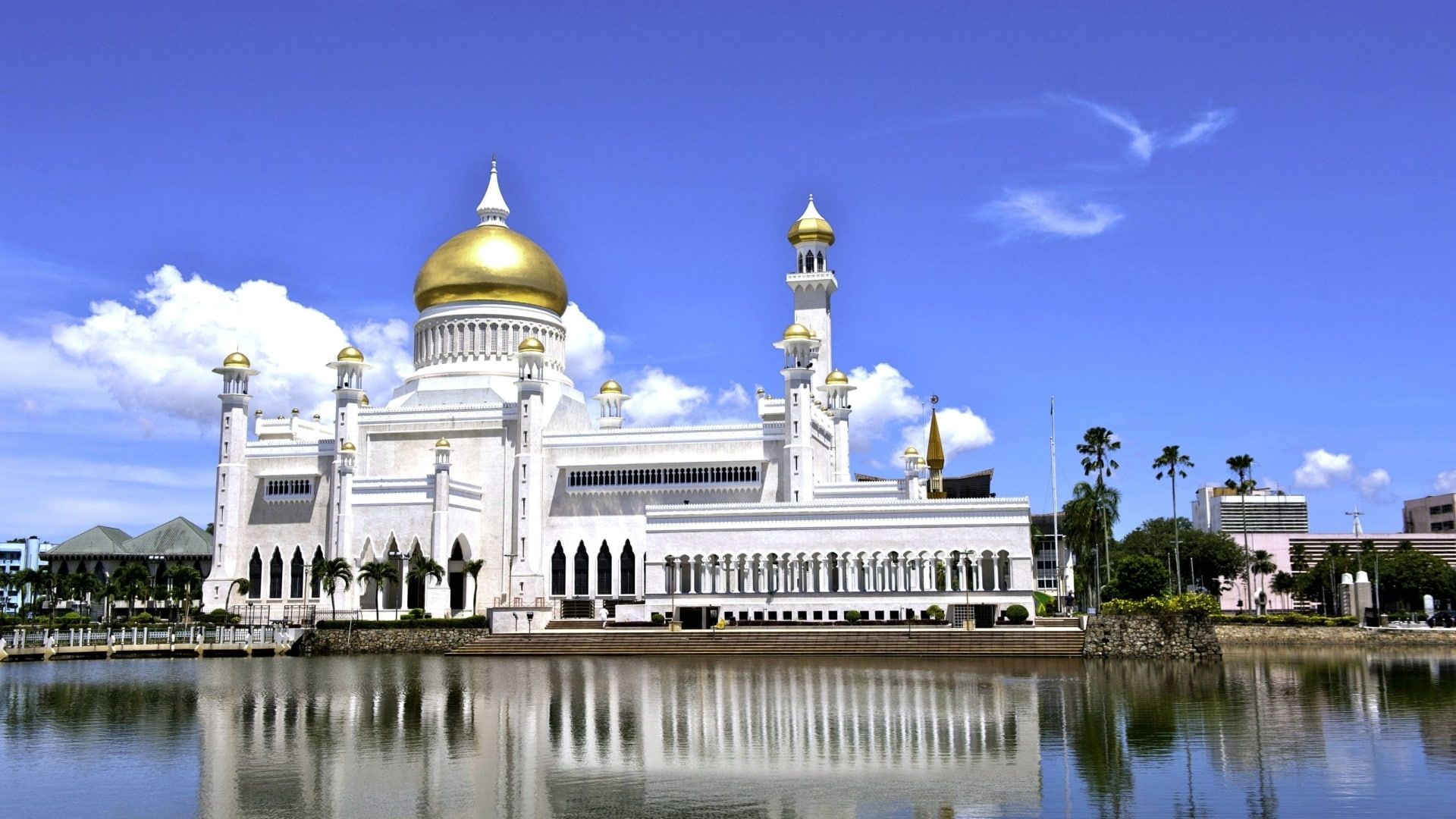travel, city, history, Omar Ali Saifuddin, religion, Reflection, travel destinations, Building, architectural column, no people, Mosque, built structure, HD Wallpaper