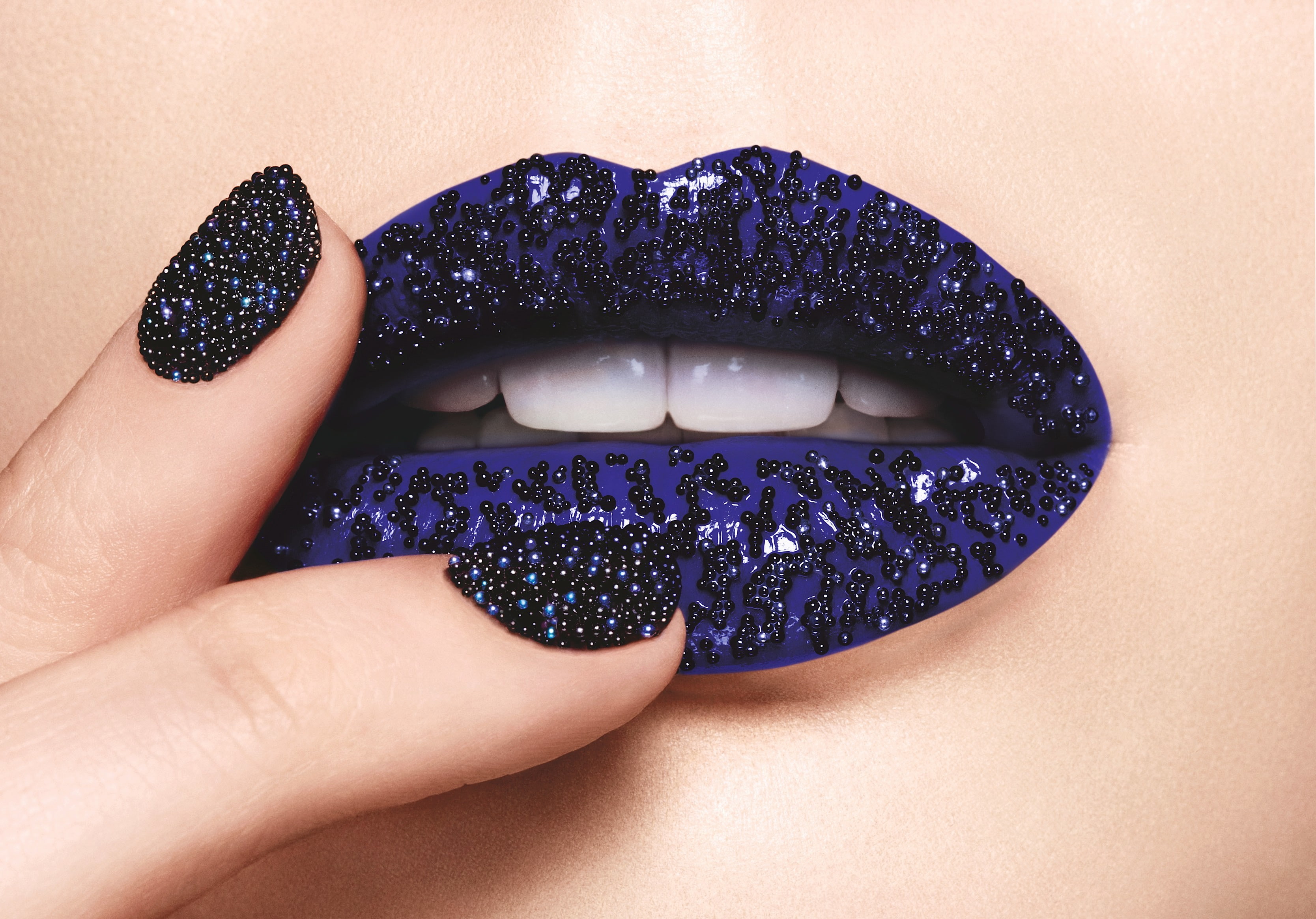 human lips, blue, human finger, mood, shiny, lips, caviar, adult, 2K, real people, face, beauty, close-up, females, body part, one person, art, hand, manicure, HD Wallpaper