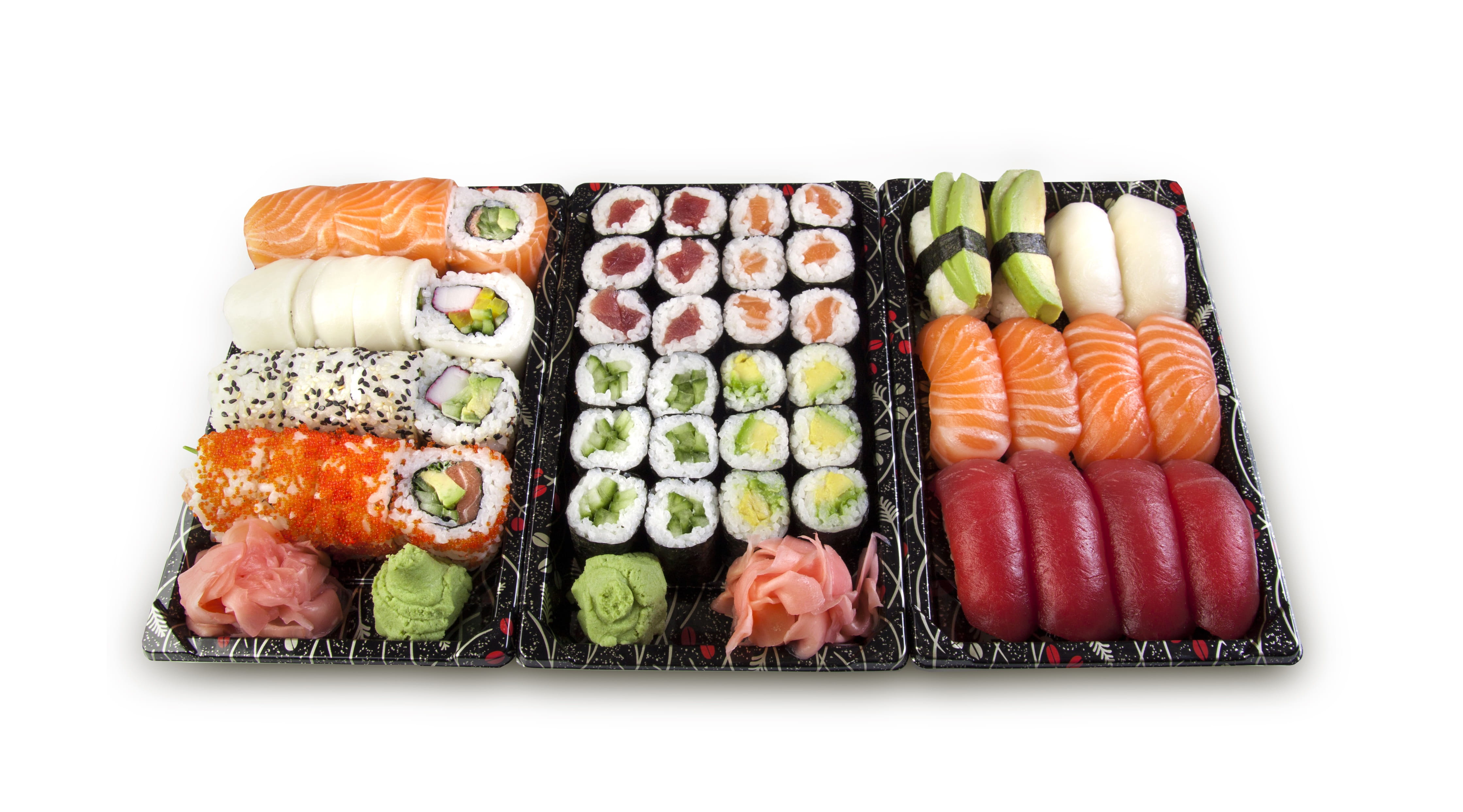 salmon - seafood, Japanese food, sushi, indoors, white background, set, choice, tuna, fish, caviar, asian food, wasabi, studio shot, variation, healthy eating, HD Wallpaper