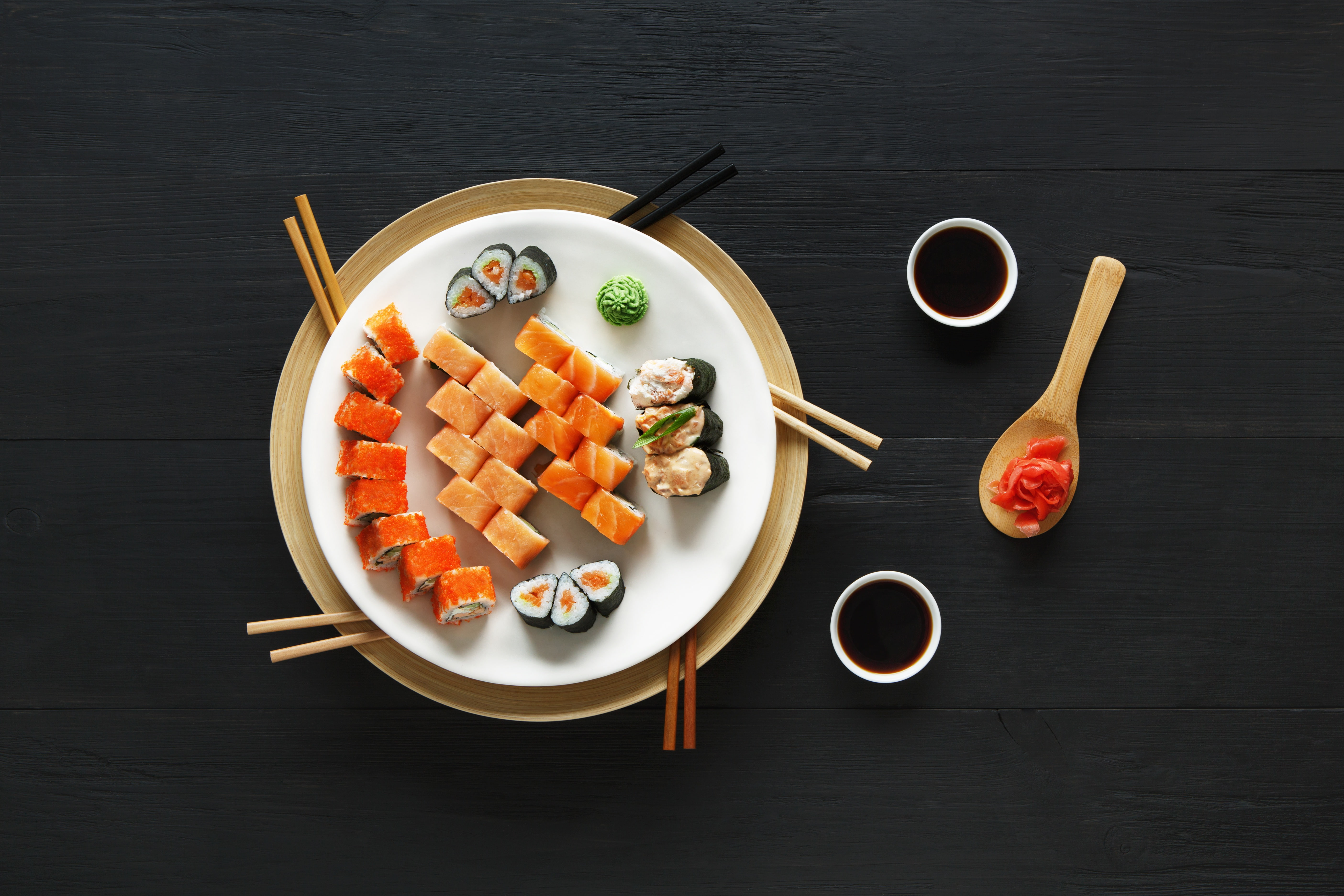 sticks, ginger, sauce, japanese food, set, sushi, rolls, 5K, wasabi, HD Wallpaper