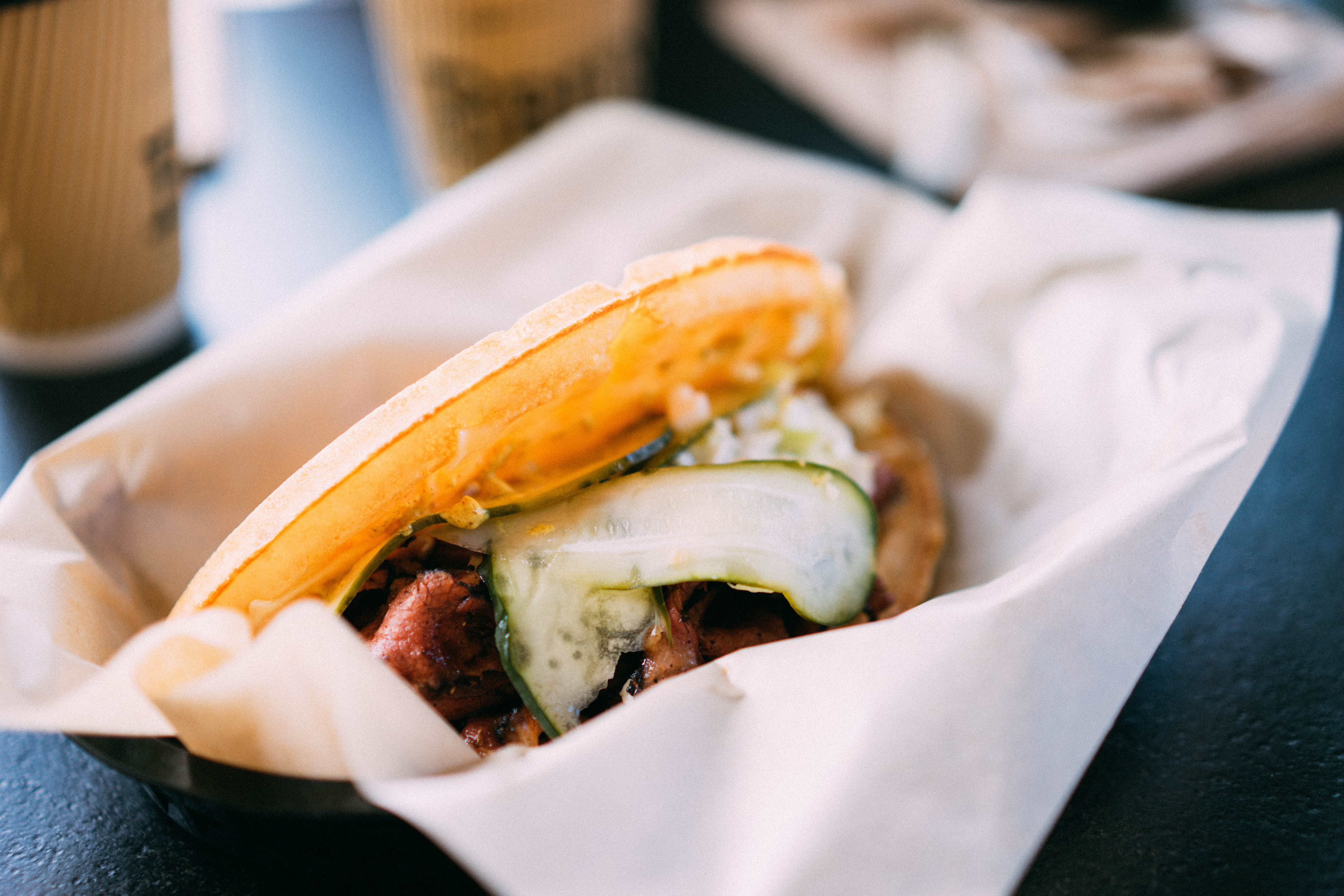 dinner, lunch, ready-to-eat, waffle, close-up, take out food, 5K, paper, sandwich, wrap sandwich, selective focus, japanese food, food and drink, focus on foreground, HD Wallpaper