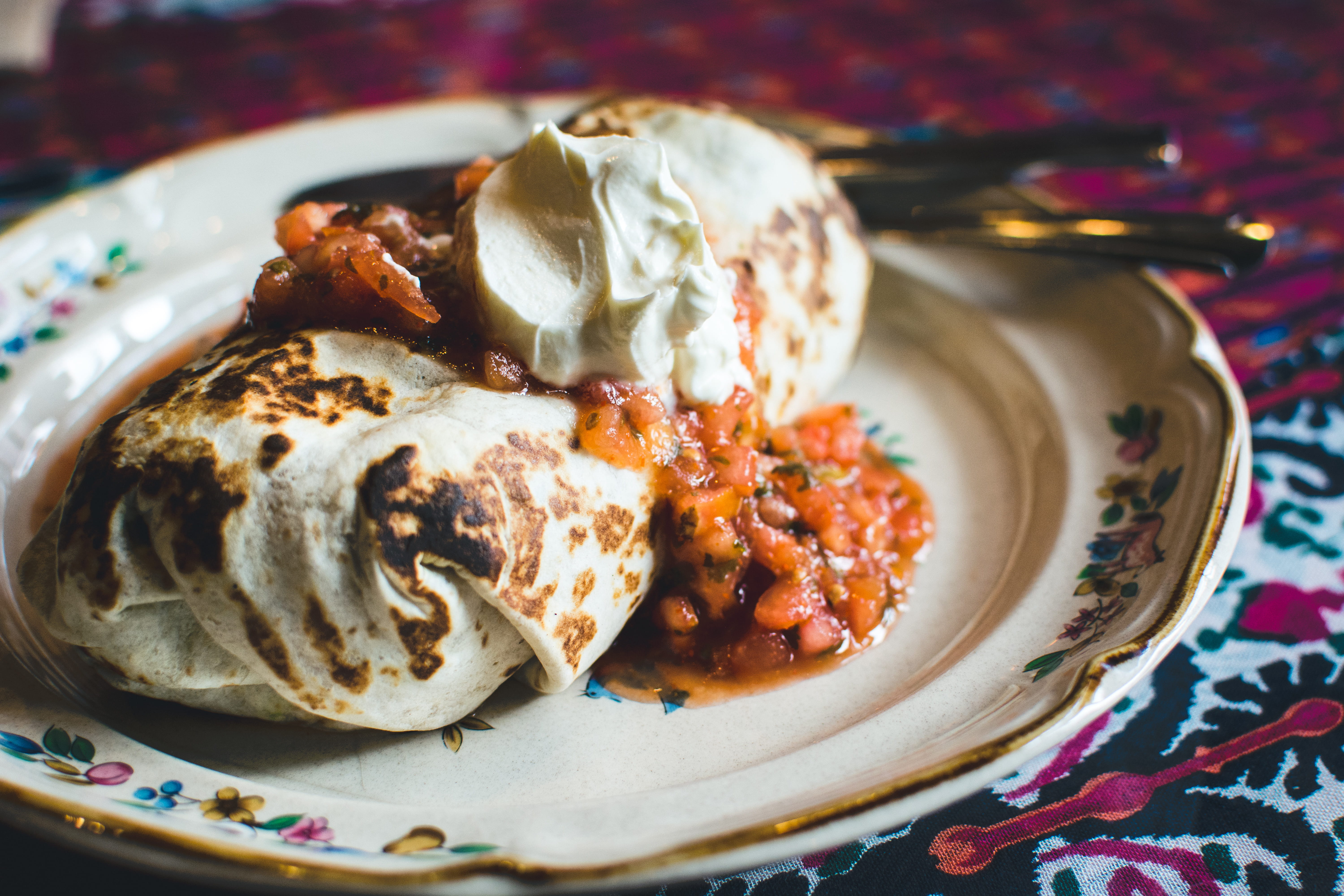 dairy product, dessert, ice cream, mexican food, burrito, close-up, indulgence, cream, selective focus, close up, focus on foreground, snack, floral pattern, HD Wallpaper