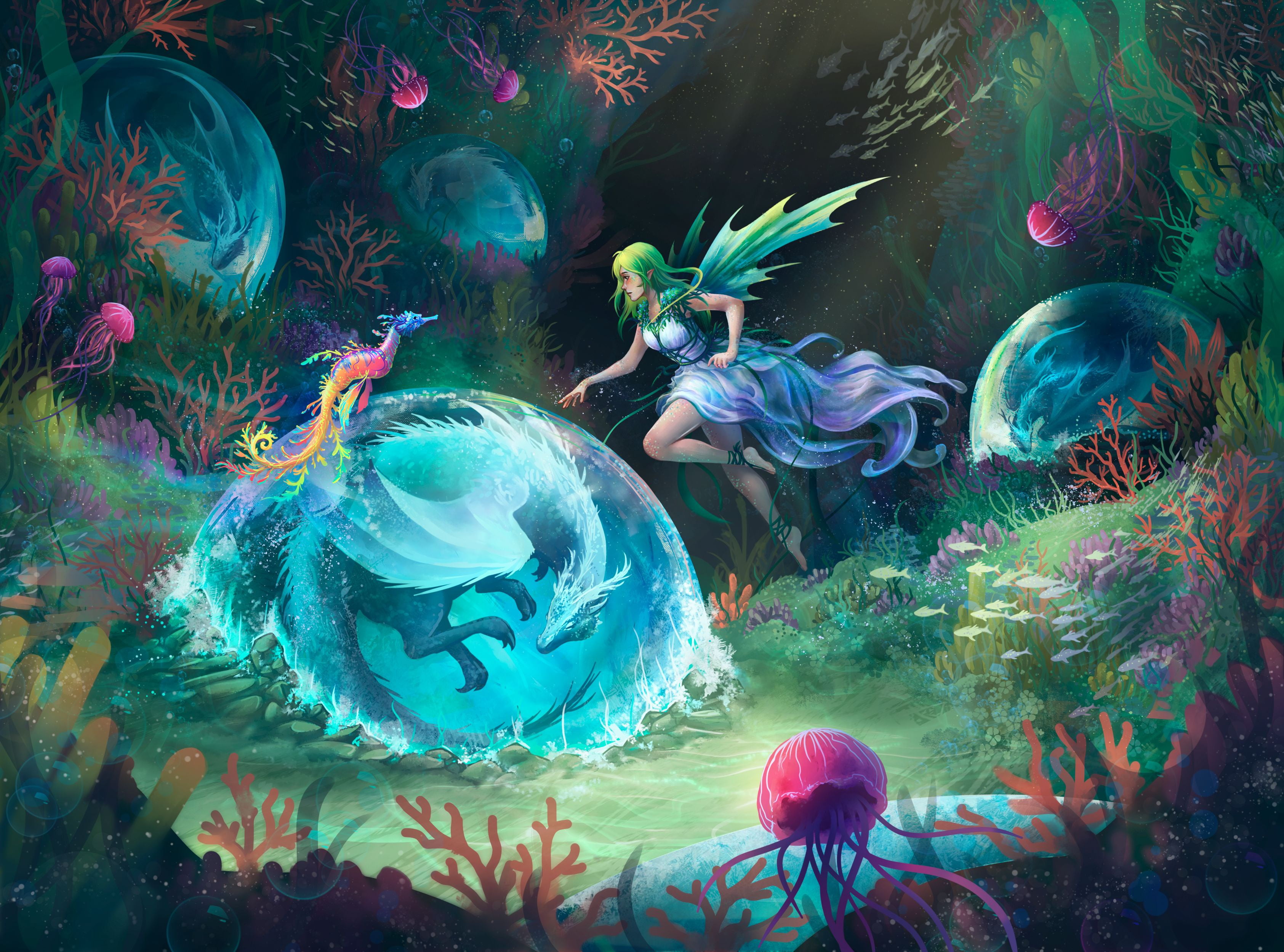 algae, сказочные существа, underwater world, a flock of fish, fairy, 2K, фантастический арт, at the bottom, fantastic art, bright colors, fabulous creatures, HD Wallpaper