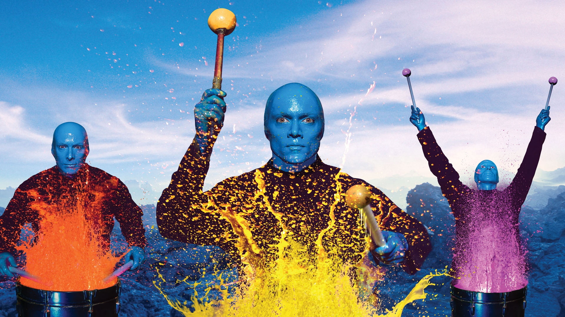 fun, blue, togetherness, human representation, drumsticks, people, front view, look, science, holding, men, man, splashing, technology, outdoors, three, HD Wallpaper