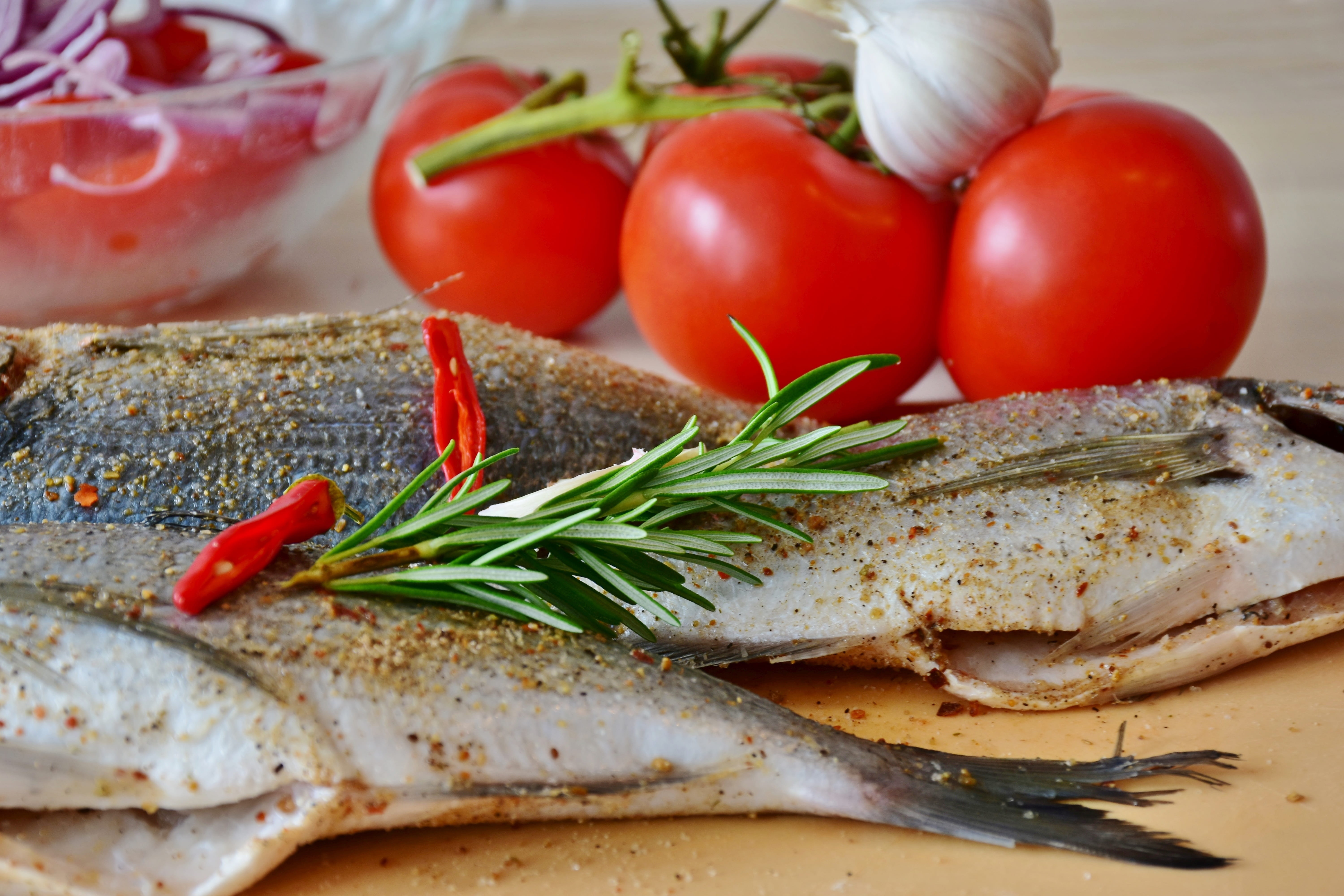 no people, fresh, 5K, kitchen, raw, uncooked, rosemary, fish, herb, ingredient, snack, healthy, nutrition, freshness, sea bream, wellbeing, meal, red, HD Wallpaper