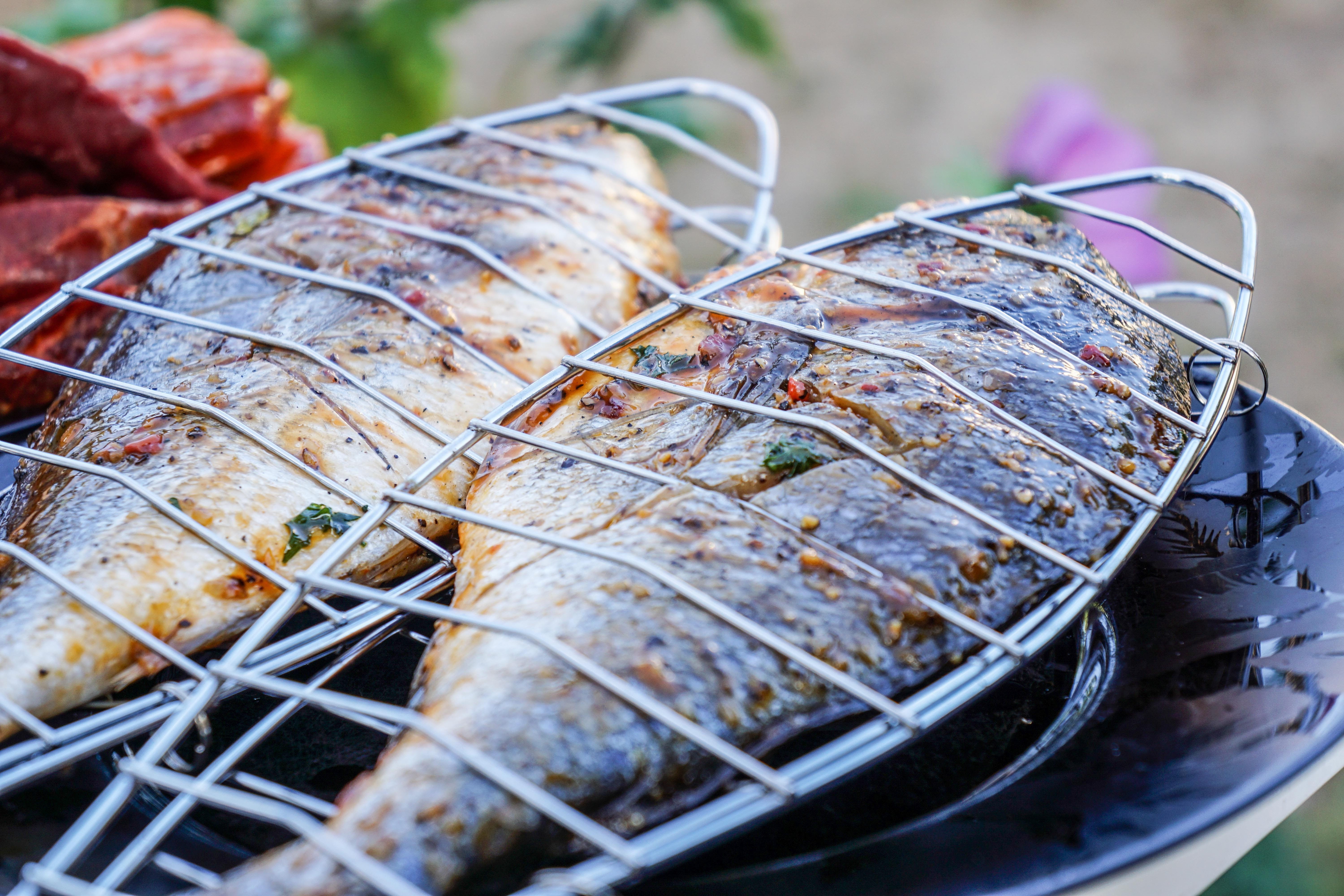 food, preparation, barbecue, no people, fish, close-up, healthy eating, grilled, grill, meal, focus on foreground, 5K, seafood, vertebrate, high angle view, HD Wallpaper