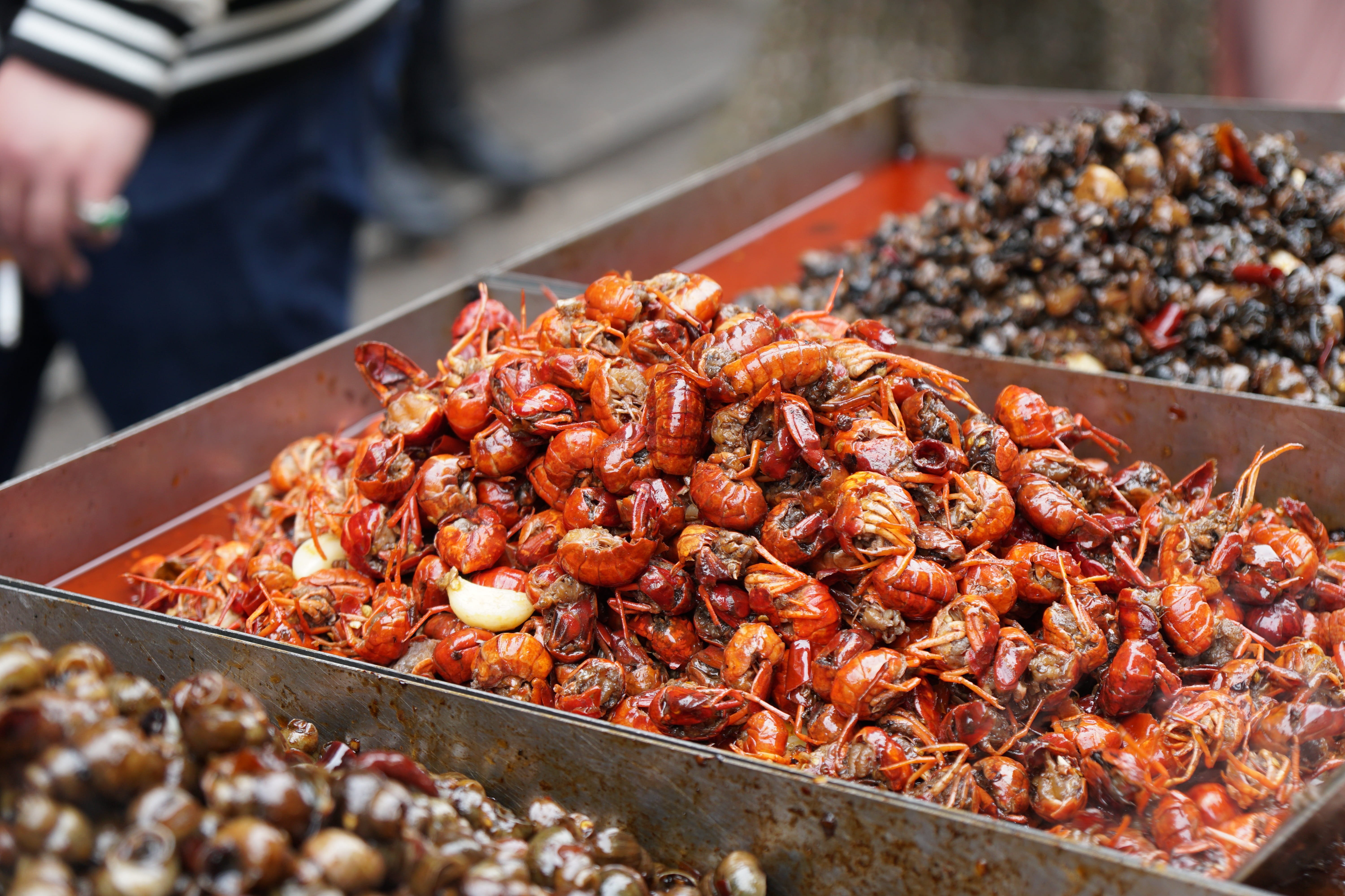 Crayfish, for sale, food, seafood, market, close-up, Gourmet, day, Wuhan, food and drink, wellbeing, abundance, business, container, one person, insect, HD Wallpaper