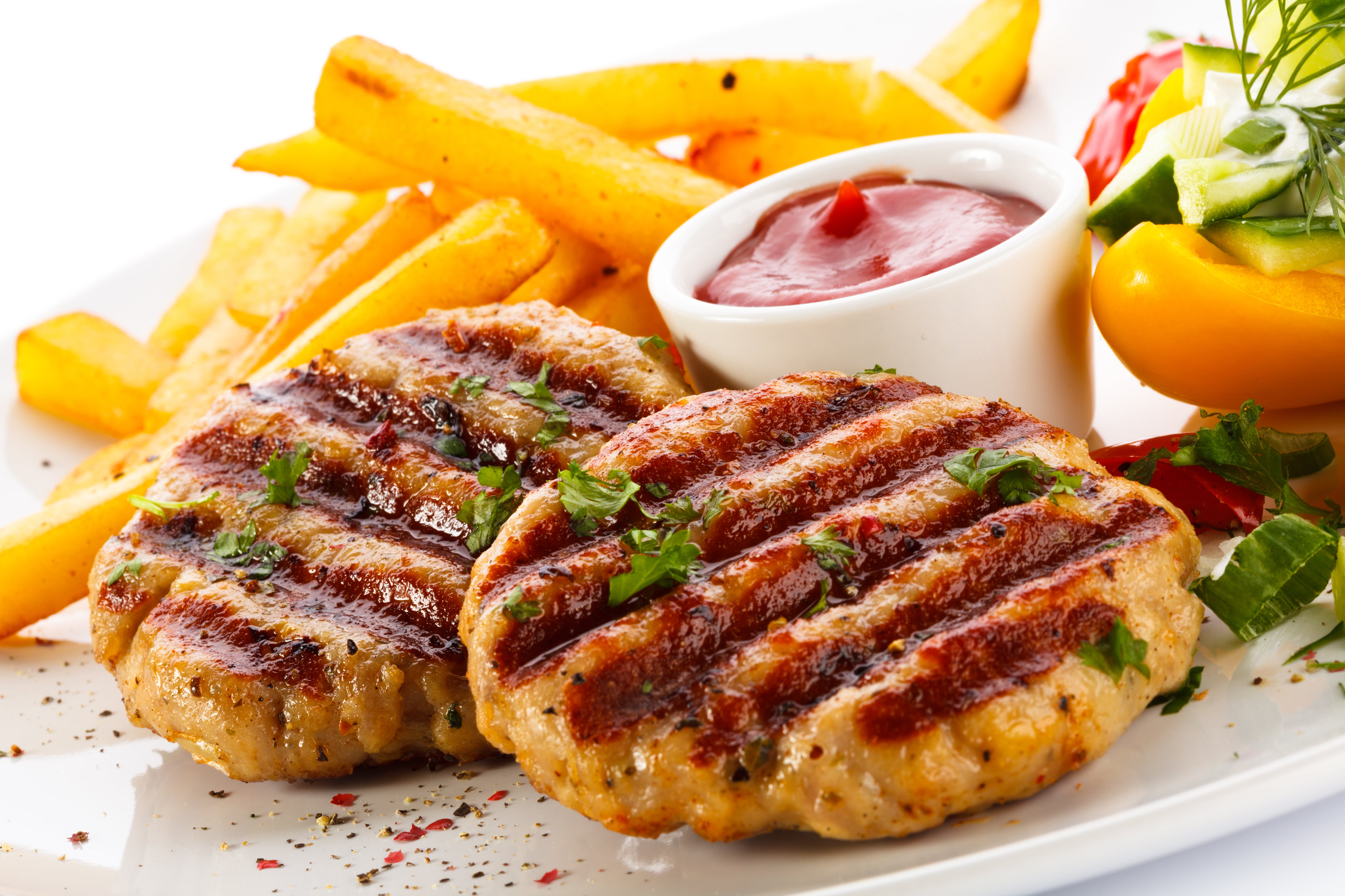 table, steak, freshness, food And Drink, close-up, meal, tray, food, two, savory Sauce, rosemary, sauce, fried, chicken Meat, tomato, crockery, fast food, HD Wallpaper