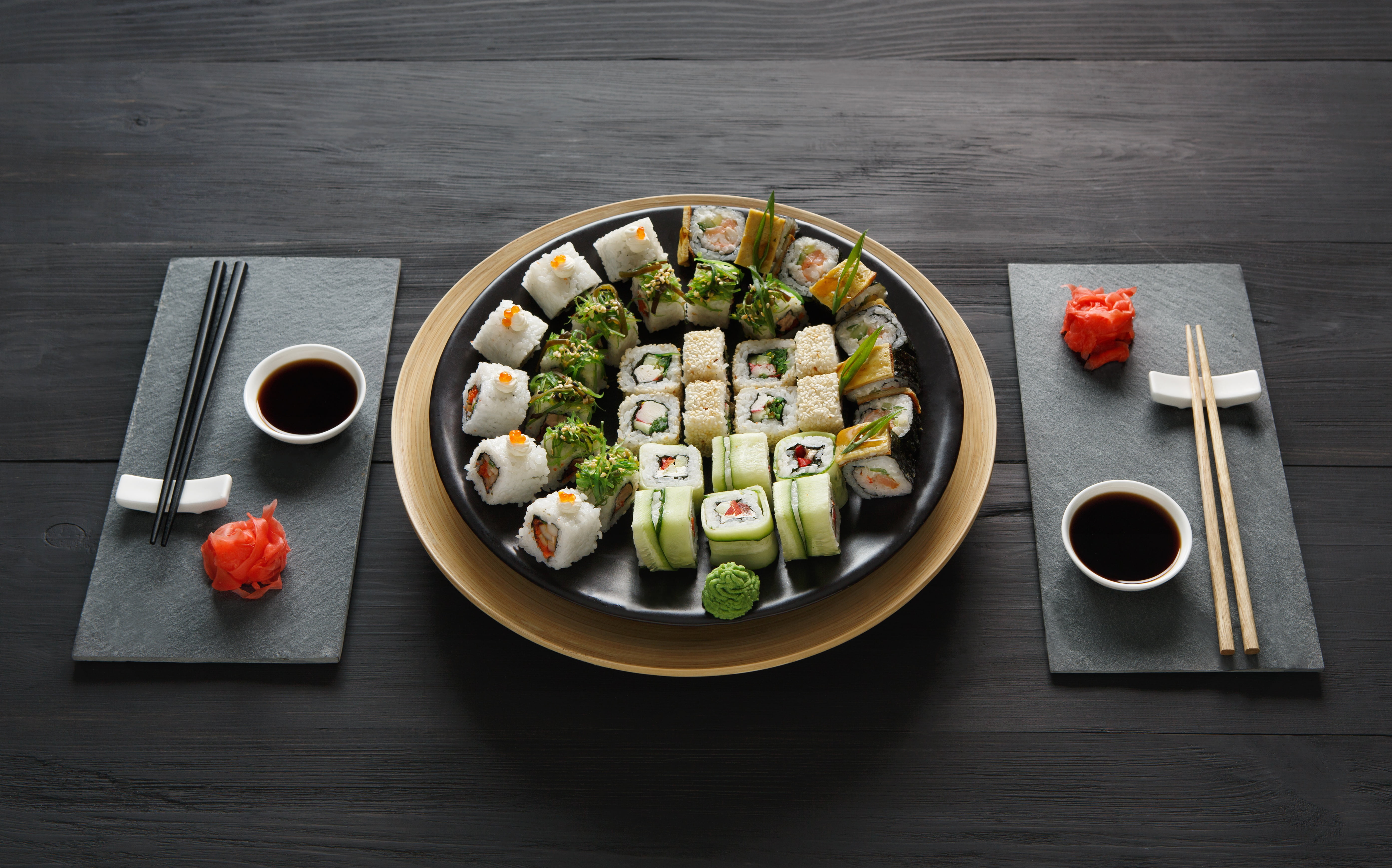 5K, sauce, set, japanese food, wasabi, sushi, ginger, sticks, rolls, HD Wallpaper