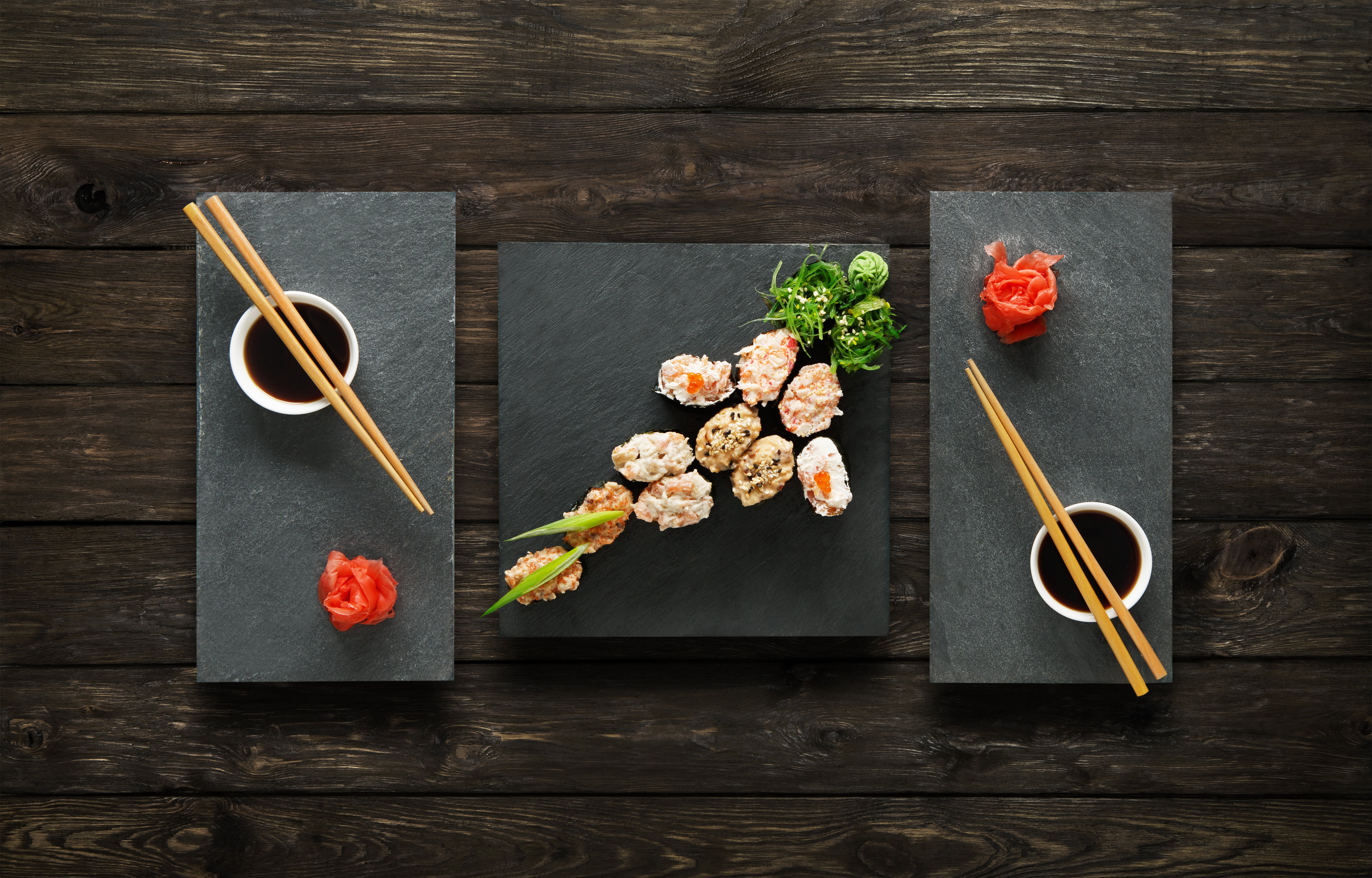 ginger, rolls, set, 5K, sauce, wasabi, sticks, sushi, japanese food, HD Wallpaper