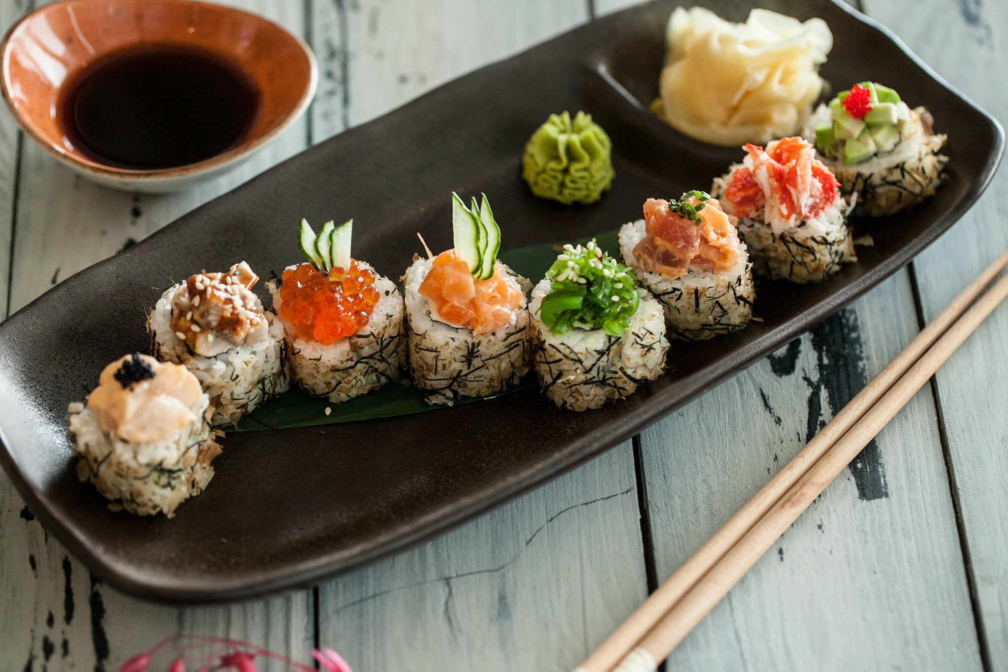 Rolls, fish, 1080P, figure, Sauce, wasabi, ginger, HD Wallpaper