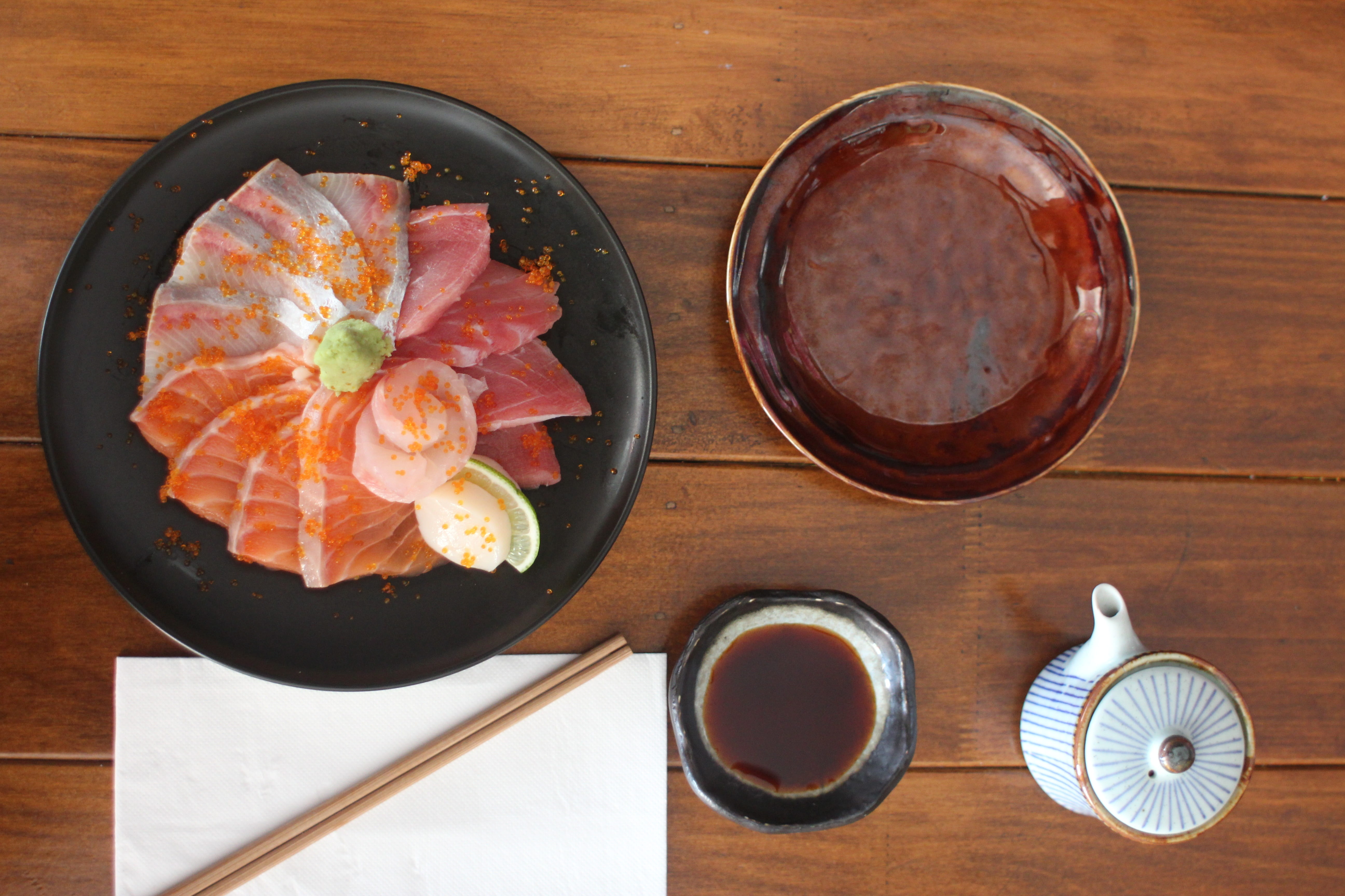 bowl, flat lay, ready-to-eat, sauce, food, wood - material, japanese, sushi, high angle view, asian, table, freshness, healthy eating, ginger, tuna, japan, HD Wallpaper