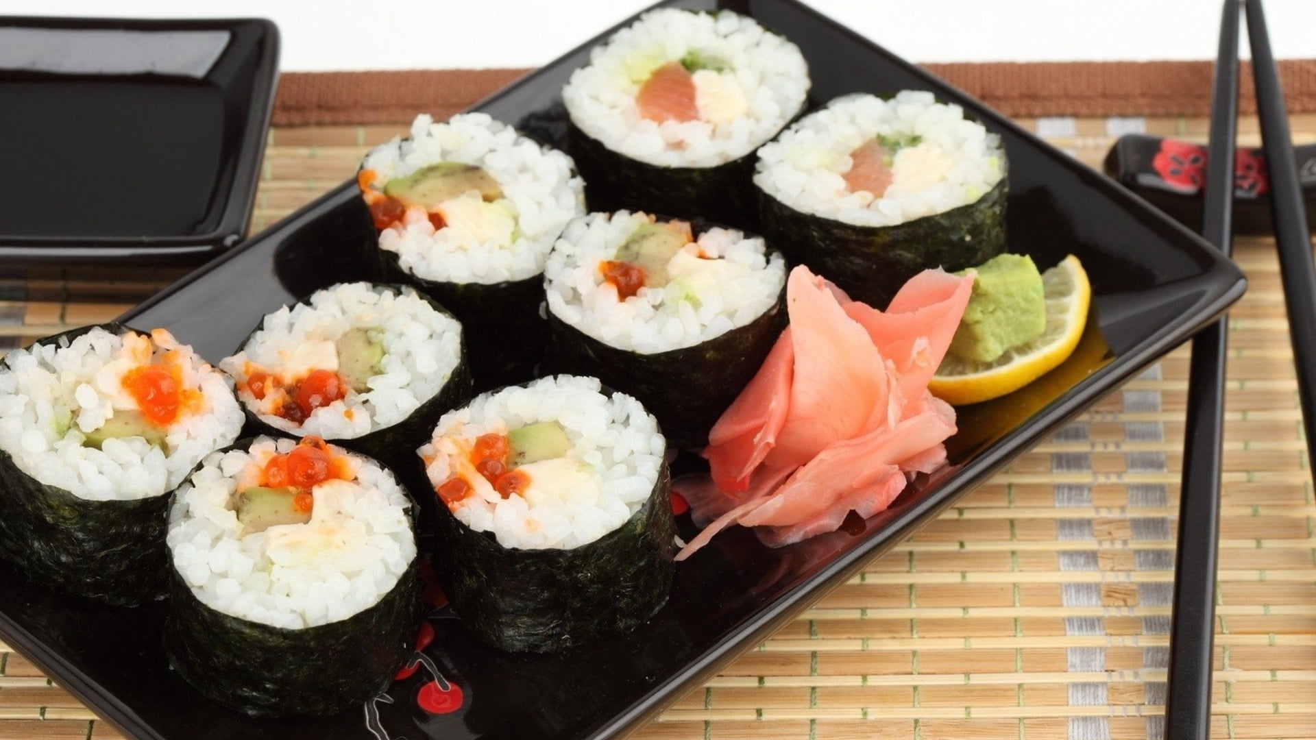 chopsticks, japanese food, indoors, rice, 1080P, lemon, sushi, table, sashimi, healthy eating, seafood, rice - food staple, wellbeing, fish, dinner, rolls, HD Wallpaper