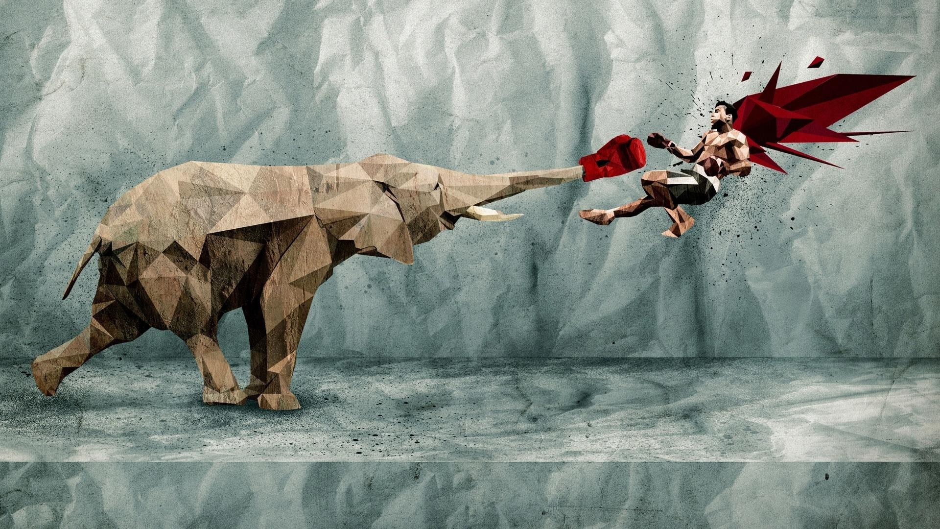 man, low, s, digital, using, digital art, animals, 1080P, paper, nose, poly, art, elephant, punching, low poly, HD Wallpaper