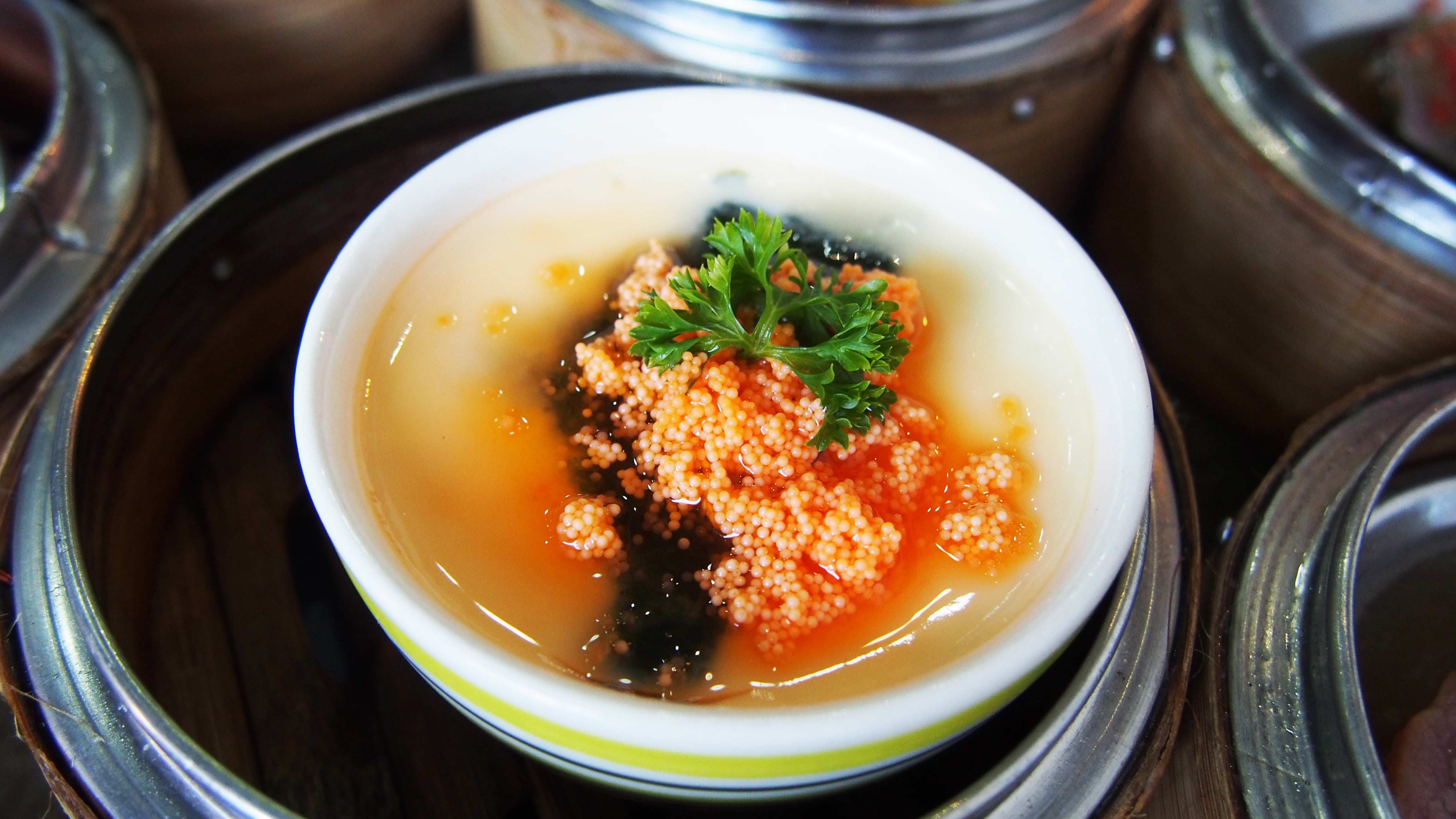 high angle view, soup, garnish, dinner, bowl, chinese food, steamed egg, healthy eating, 4K, herb, still life, thai, japanese food, food and drink, ready-to-eat, HD Wallpaper
