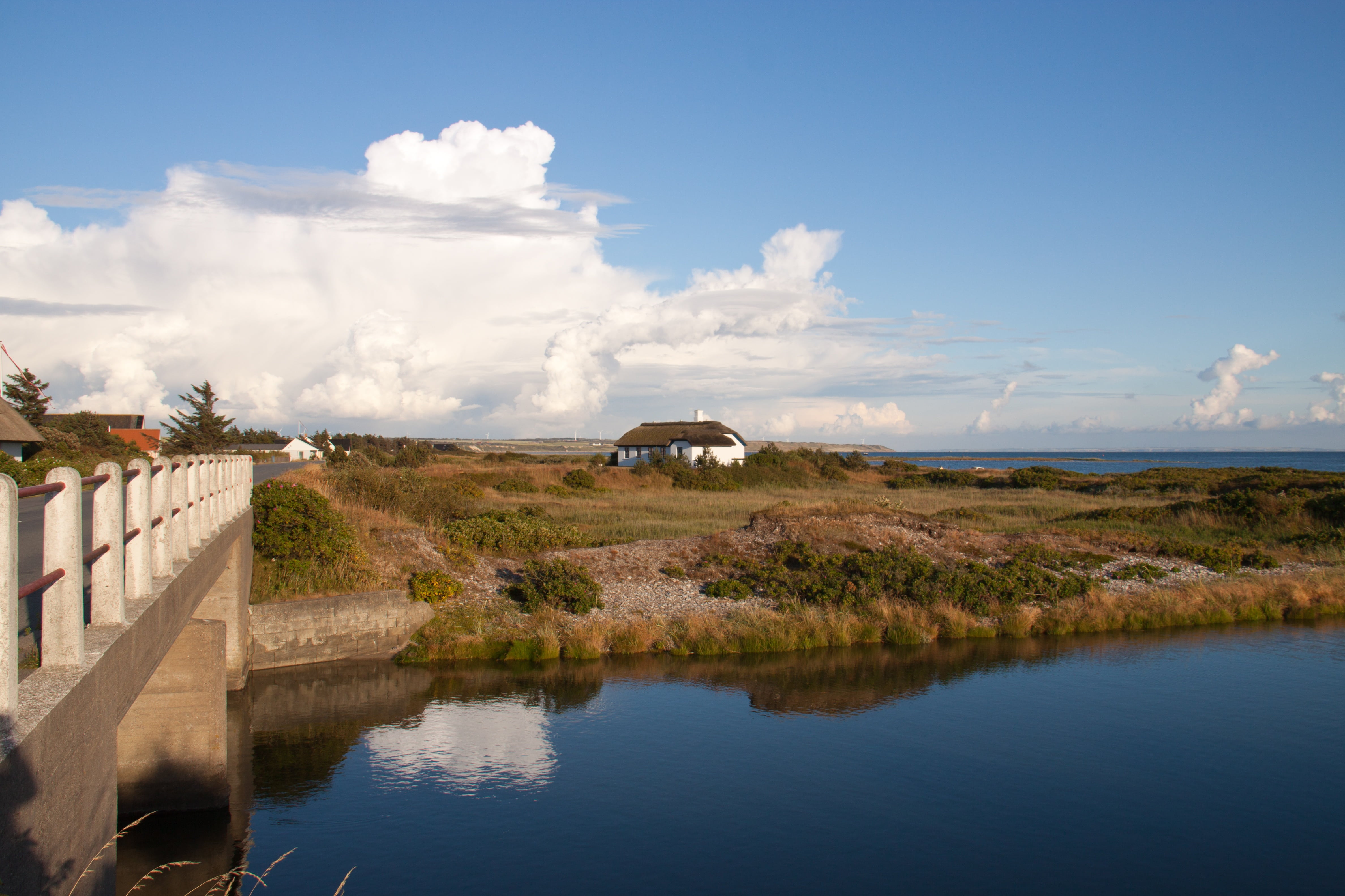built structure, environment, vegetation, thy, 4K, no people, land, scenics - nature, water, cottage, reflection, bridge, plant, outdoors, denmark, cloud - sky, HD Wallpaper