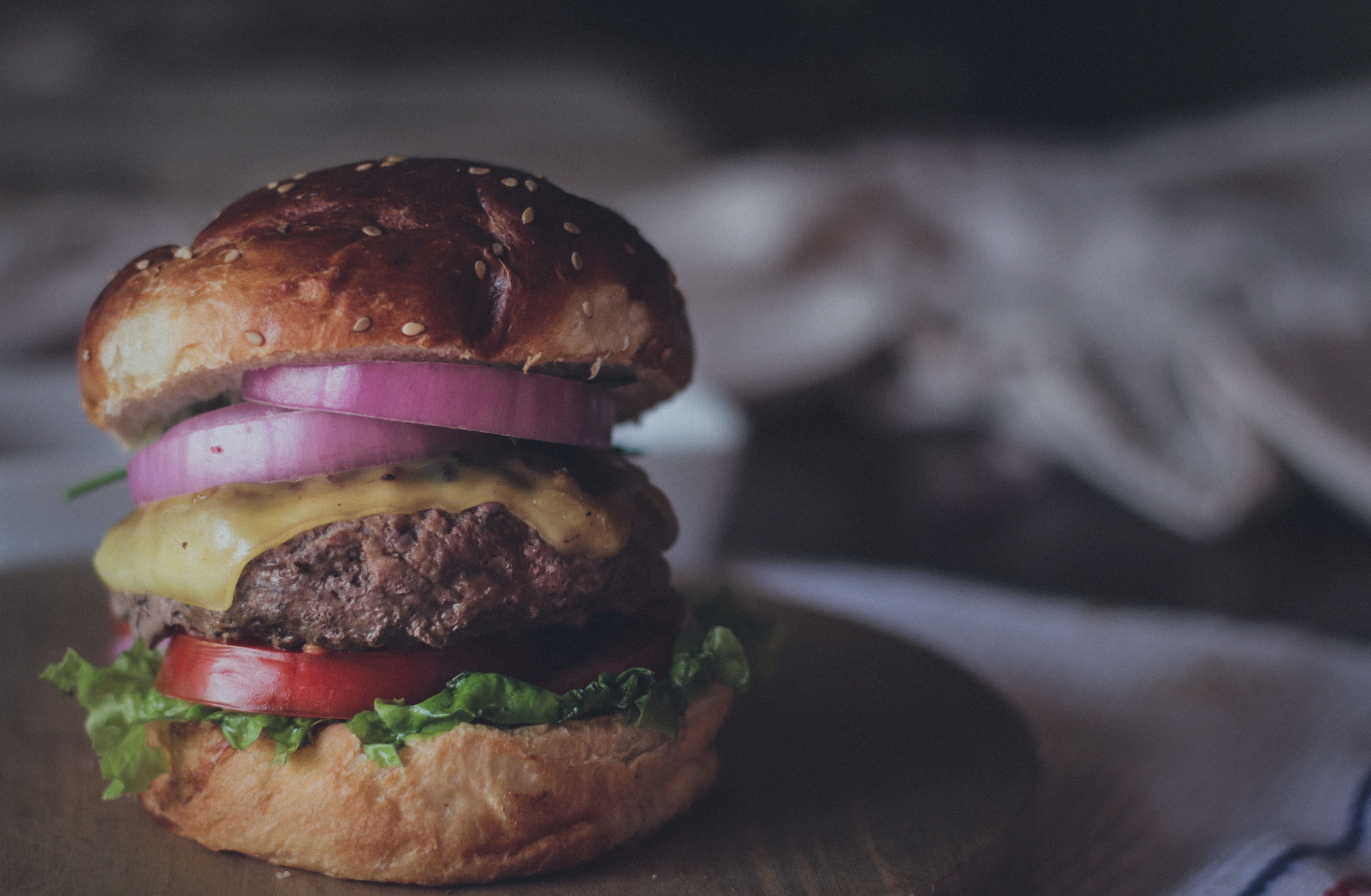 sandwich, vegetables, bread, bun, freshness, unhealthy eating, food, snack, cheeseburger, table, vegetable, indoors, focus on foreground, 5K, hamburger, HD Wallpaper