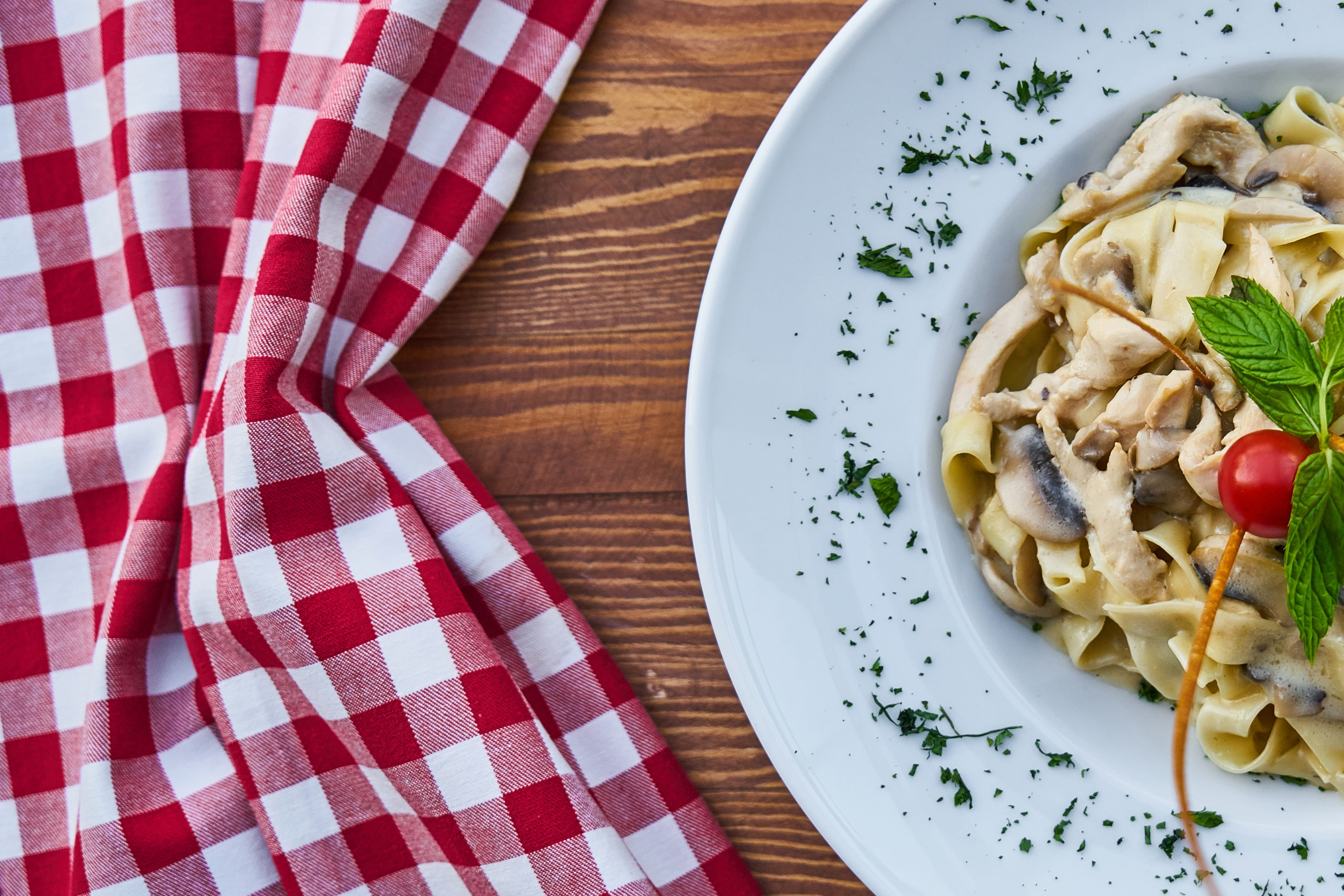 eat, white sauce, wooden, plate, ready-to-eat, eating, pasta, herb, garnish, cherry, cherry tomato, delicious, restaurant, still life, healthy, healthy eating, HD Wallpaper