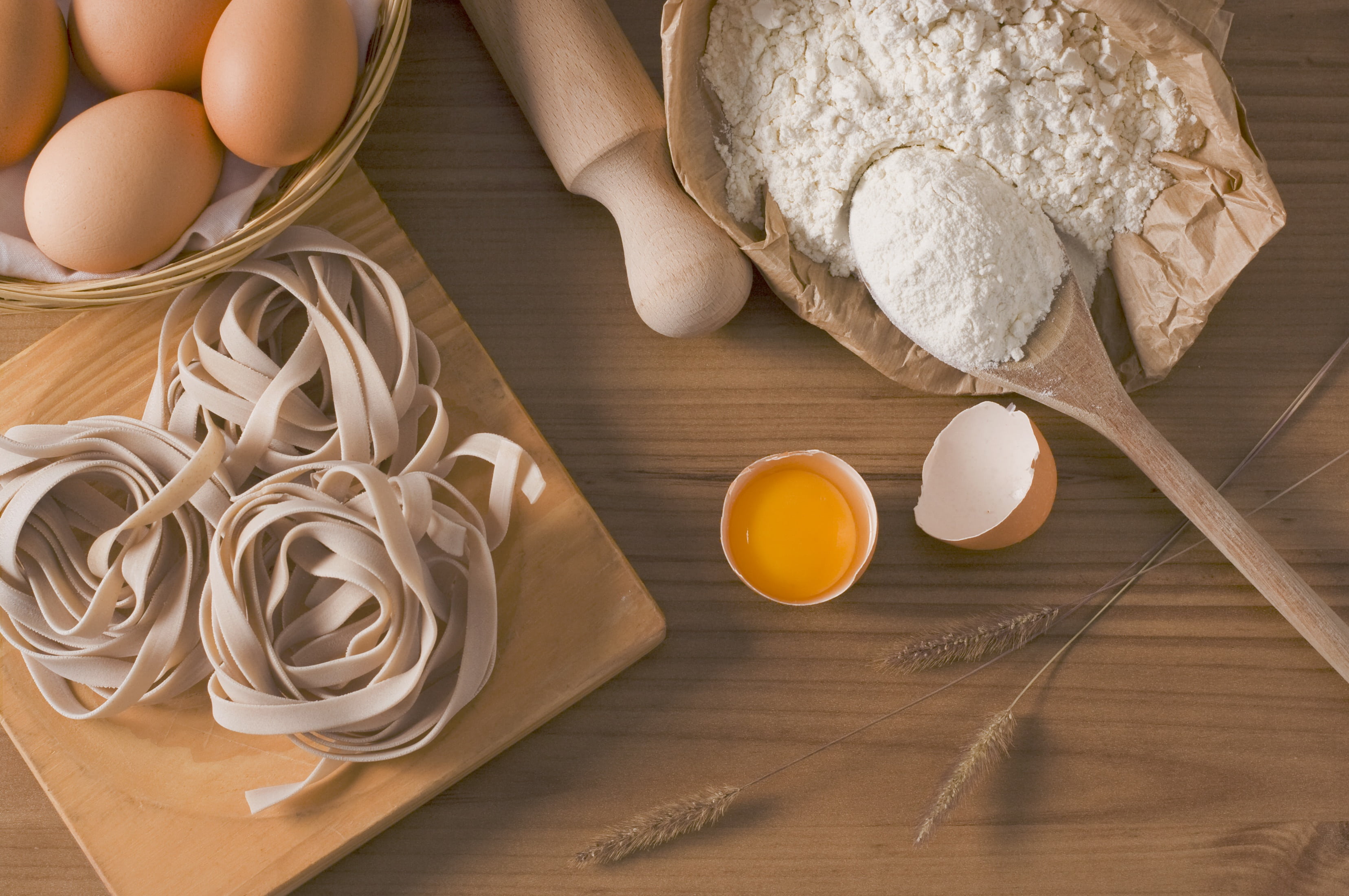 preparation, directly above, ingredient, kitchen utensil, egg yolk, bowl, eggs, table, flour, high angle view, healthy eating, wood - material, 2K, fettuccine, HD Wallpaper