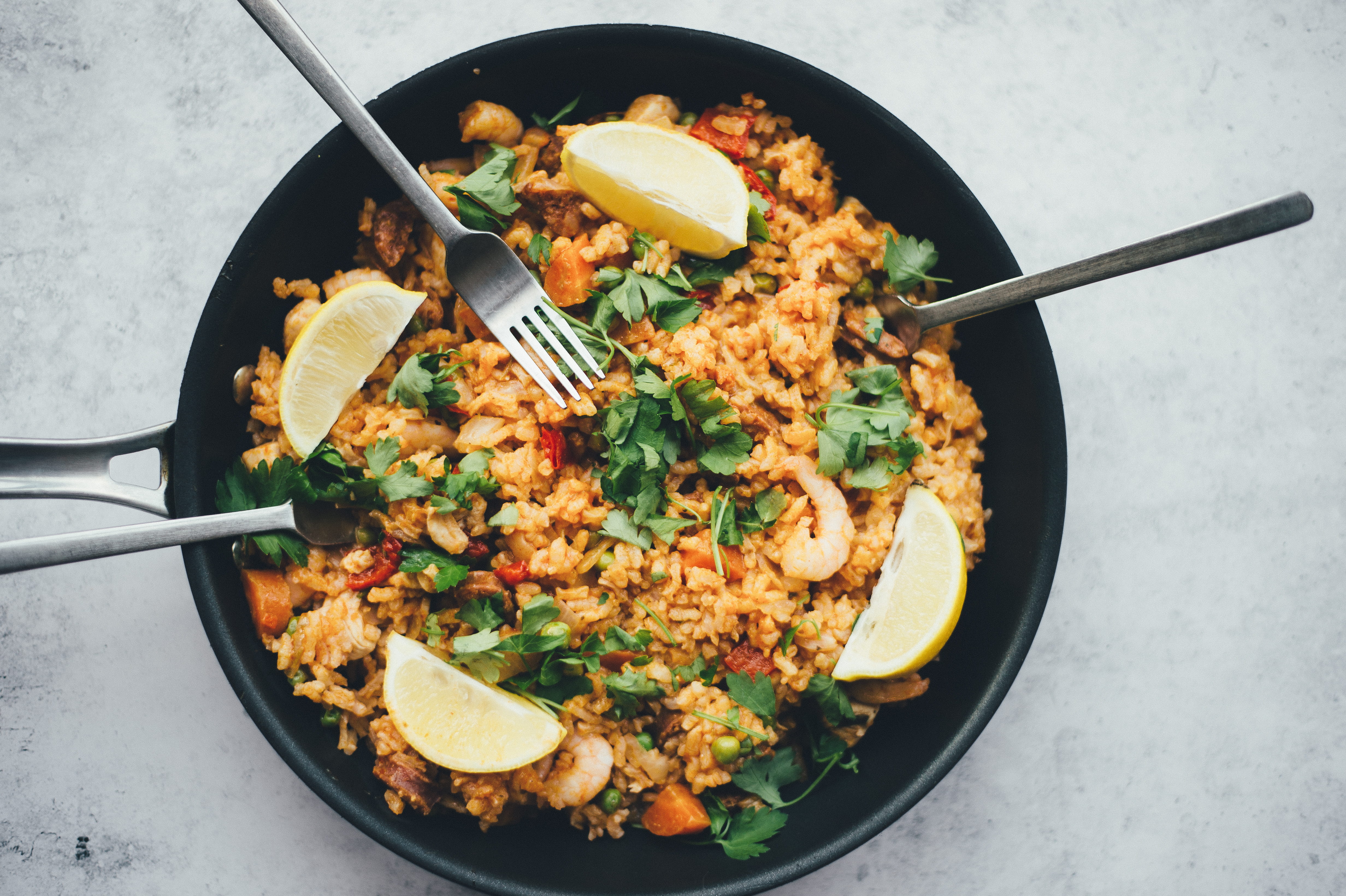 breakfast, herb, paella, frying pan, freshness, kitchen utensil, eating utensil, food and drink, ready-to-eat, vegetable, cooked, household equipment, high angle view, HD Wallpaper