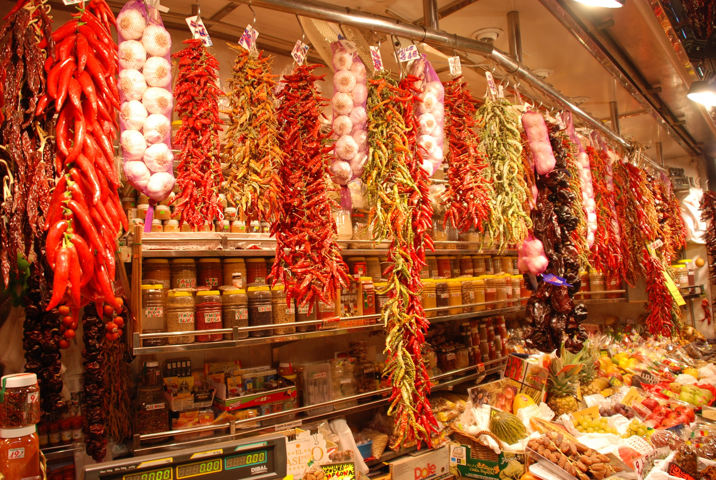 street market, large group of objects, hanging, food and drink, illuminated, travel, la boqueria food market, spanish, vegetables, Barcelona, peppers, store, HD Wallpaper