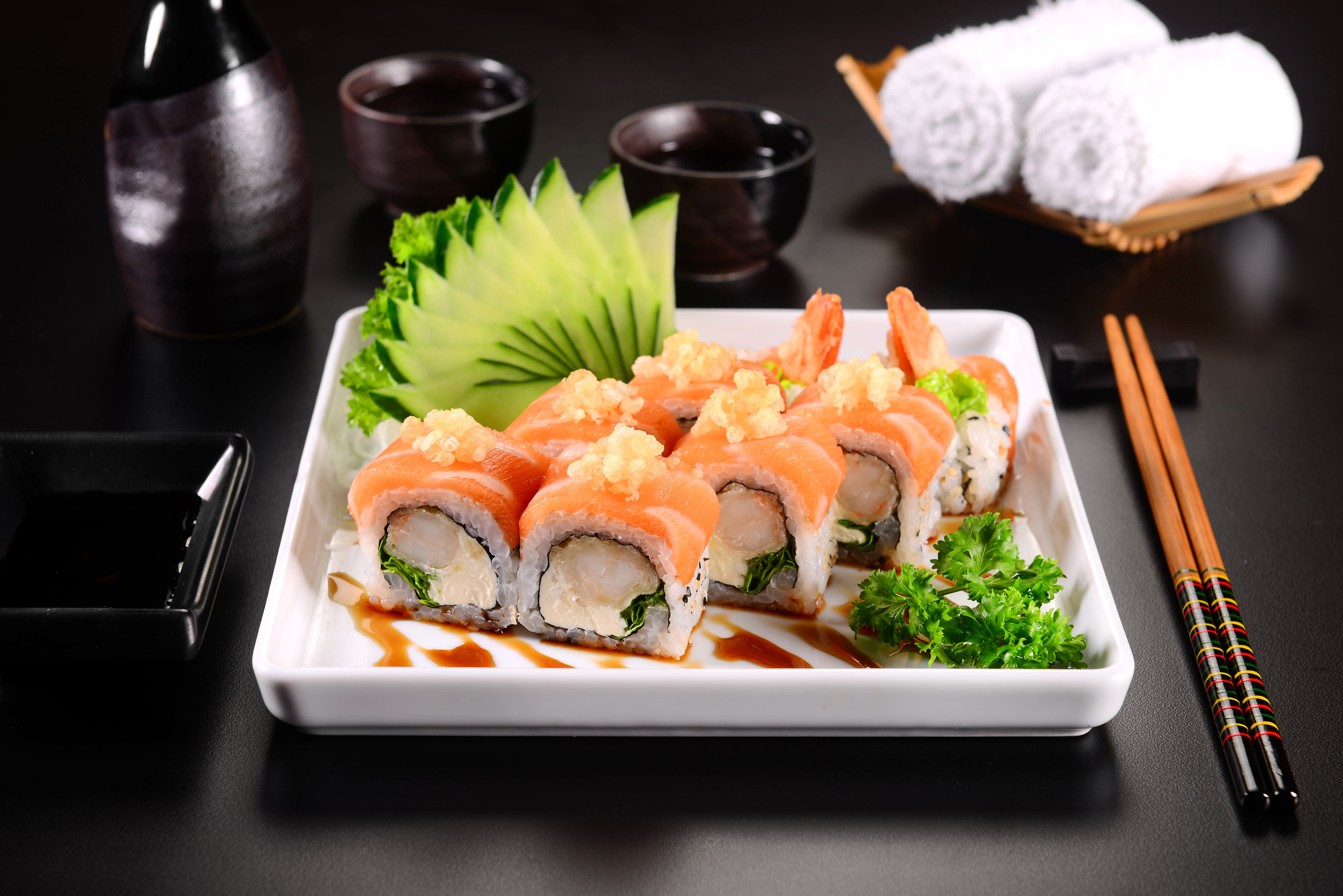 Food, table, 5K, ready-to-eat, vegetables, indoors, tray, soy sauce, food and drink, rice - food staple, freshness, sushi, fish, asian food, chopsticks, HD Wallpaper