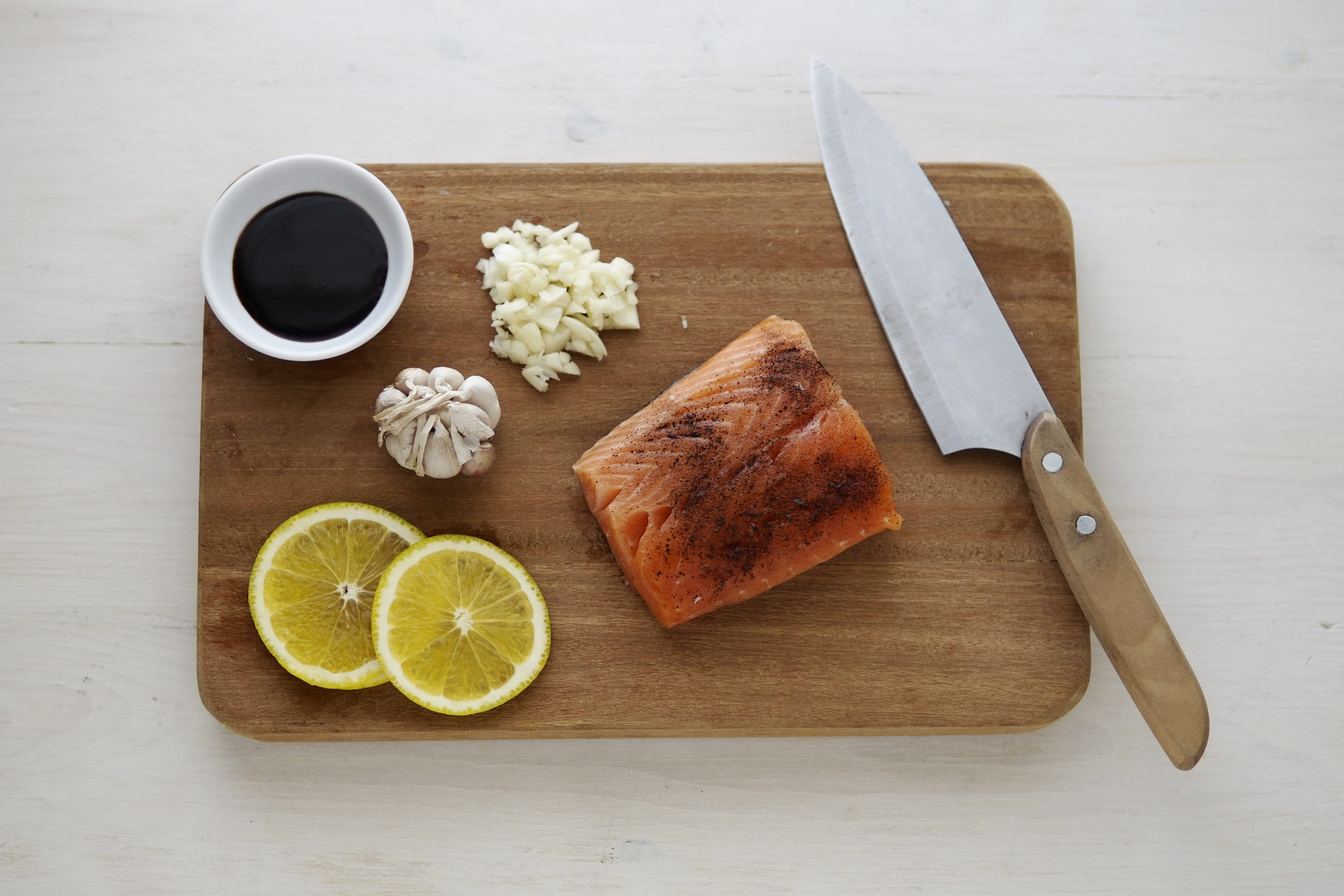 table, 4K, rectangular, wood - material, meat, chopping, knife, board, still life, flesh, ingredients, healthy eating, gray, soy sauce, fish, citrus fruit, HD Wallpaper