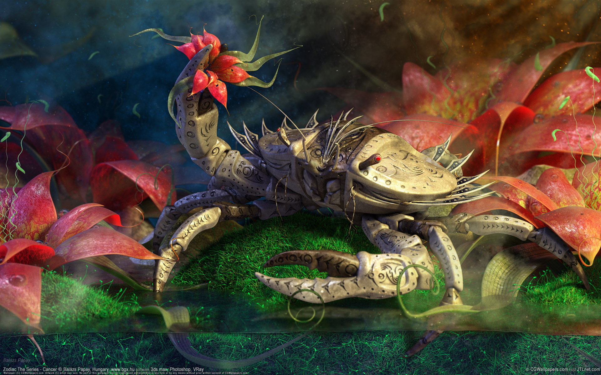 gray, illustration, 1080P, crab, hd, flowers, fantasy, HD Wallpaper