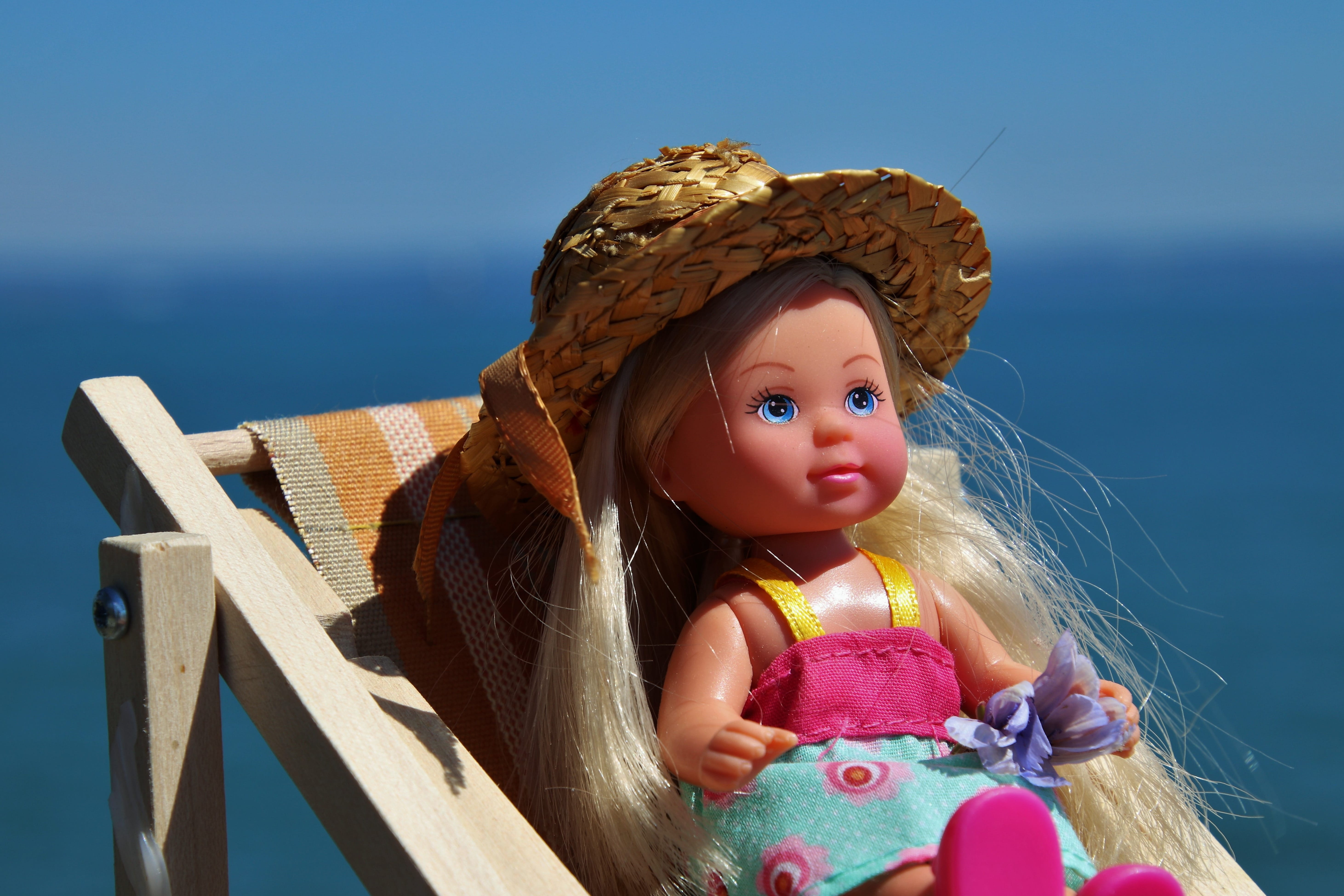wood - material, holiday, nature, girls, rubber, day, blue eyes, representation, charming, women, blonde, portrait, real people, blue sky, doll, innocence, HD Wallpaper