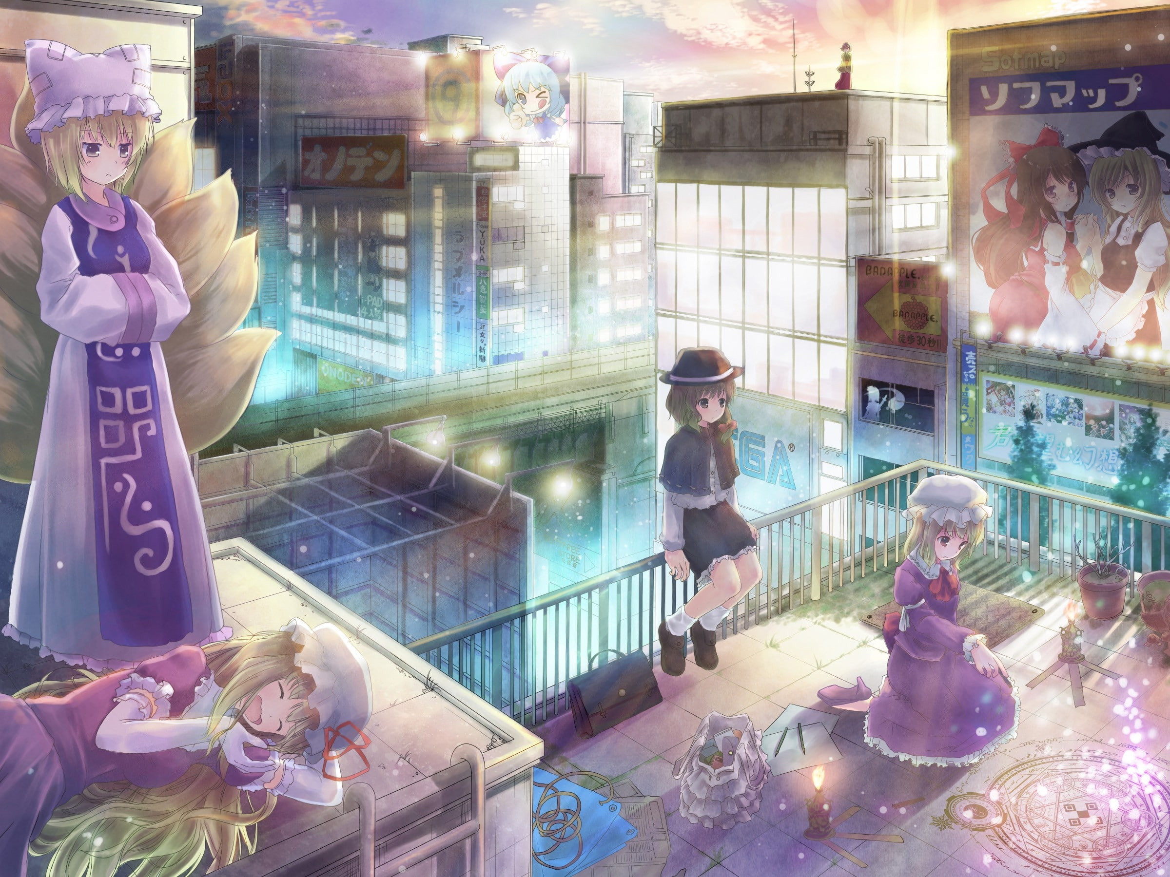 touhou, art, buildings, izayoi, 1080P, dress, sunset, sakuya, long, brunettes, cityscapes, hd, blu, fairies, blondes, hair, cirno, HD Wallpaper