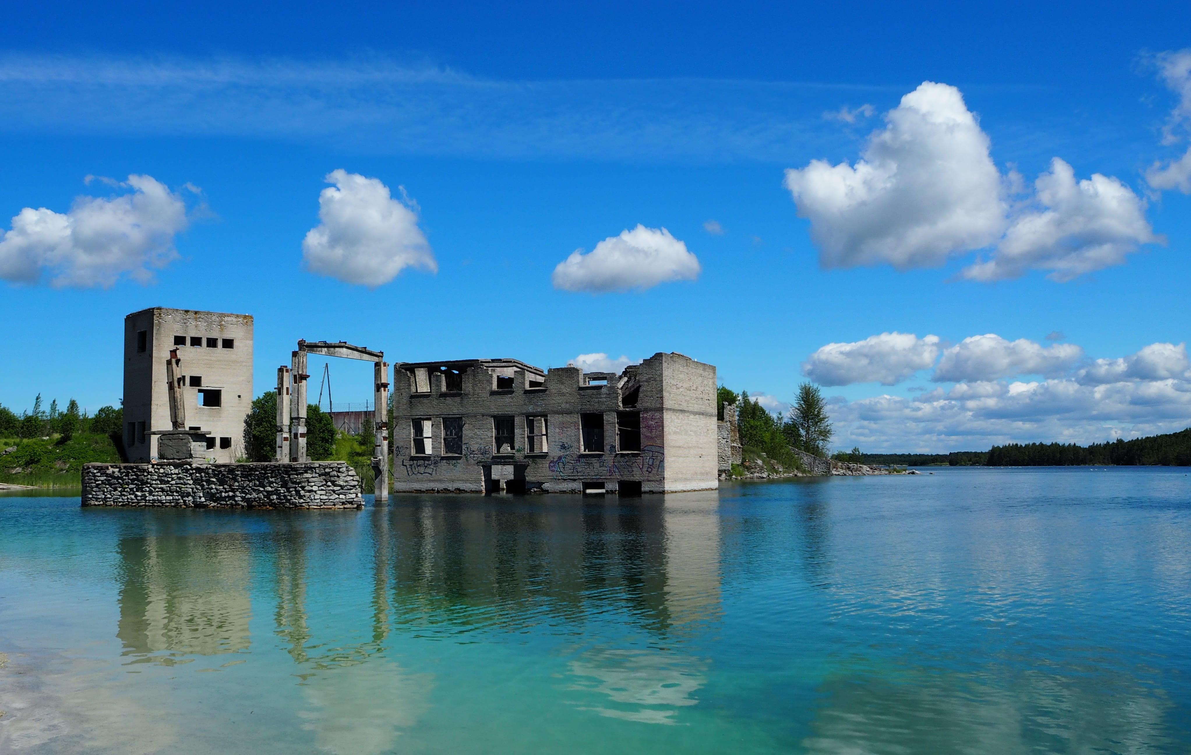 ruins, building exterior, blue, outdoors, waterfront, ruined, day, travel destinations, rummu, 4K, abandoned, sky, travel, estonia, water, no people, history, HD Wallpaper