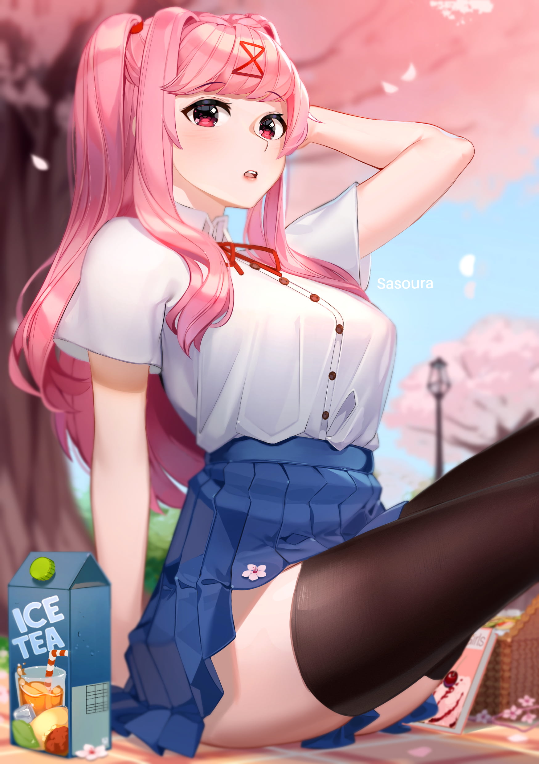 pink hair, Natsuki (Doki Doki Literature Club), Sasoura, 1080P, skirt, anime girls, black thigh-highs, Doki Doki Literature Club, Phone HD Wallpaper